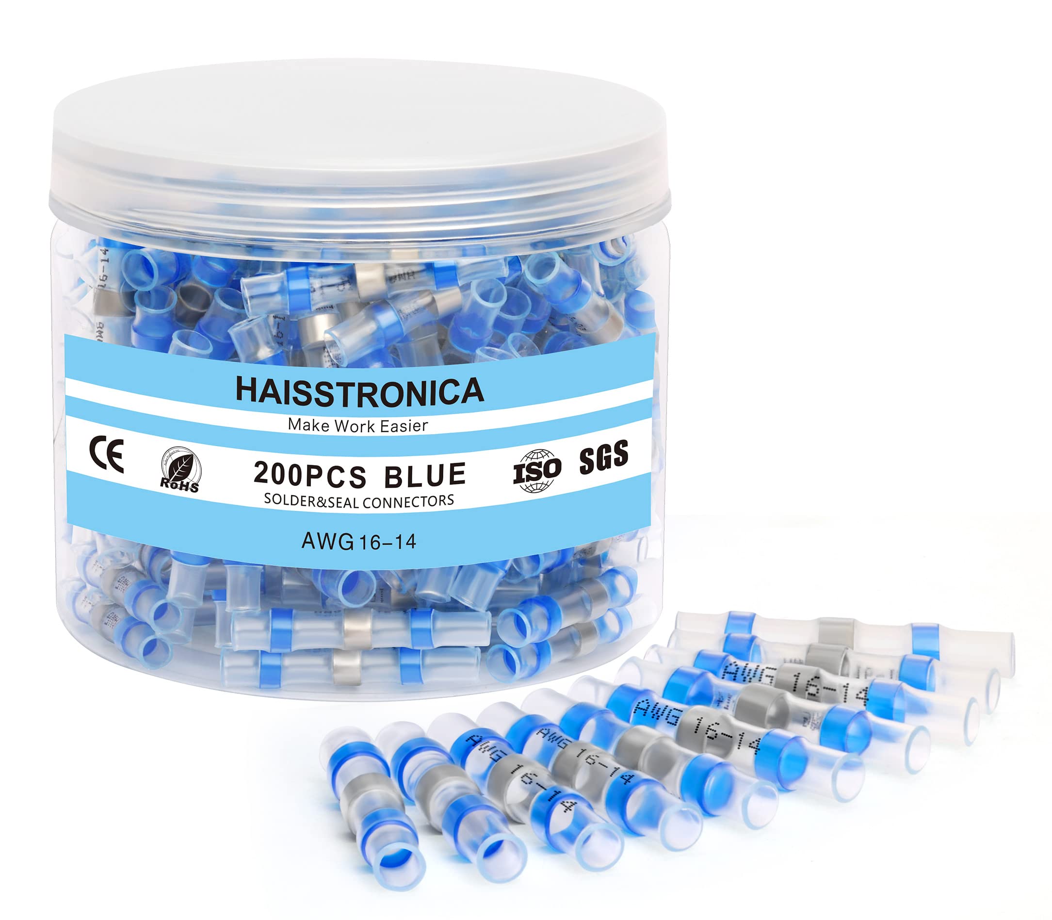 (BLUE 200PCS) - haisstronica 200PCS Solder Seal Wire Connectors,Waterproof Wire Connectors, Heat Shrink Butt Connectors for Watercraft,Electrical,Electronics 16-14 Blue