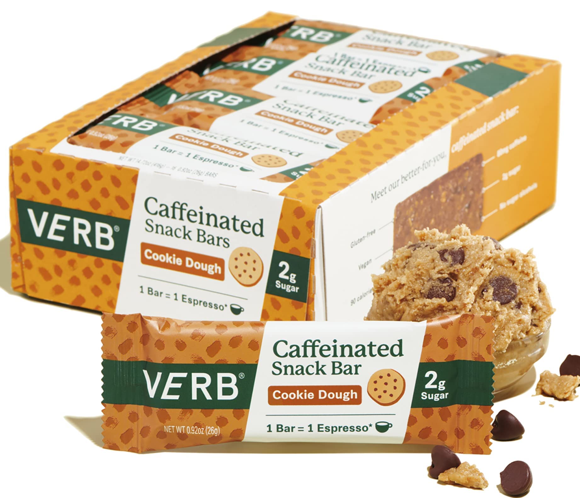 Verb Energy - Chocolate Chip Cookie Dough Caffeinated Snack Bars - 110-Calorie Low Sugar Energy Bar - Nutrition Bars - Vegan Snacks - Gluten Free with Organic Green Tea, 26g (Pack of 16)