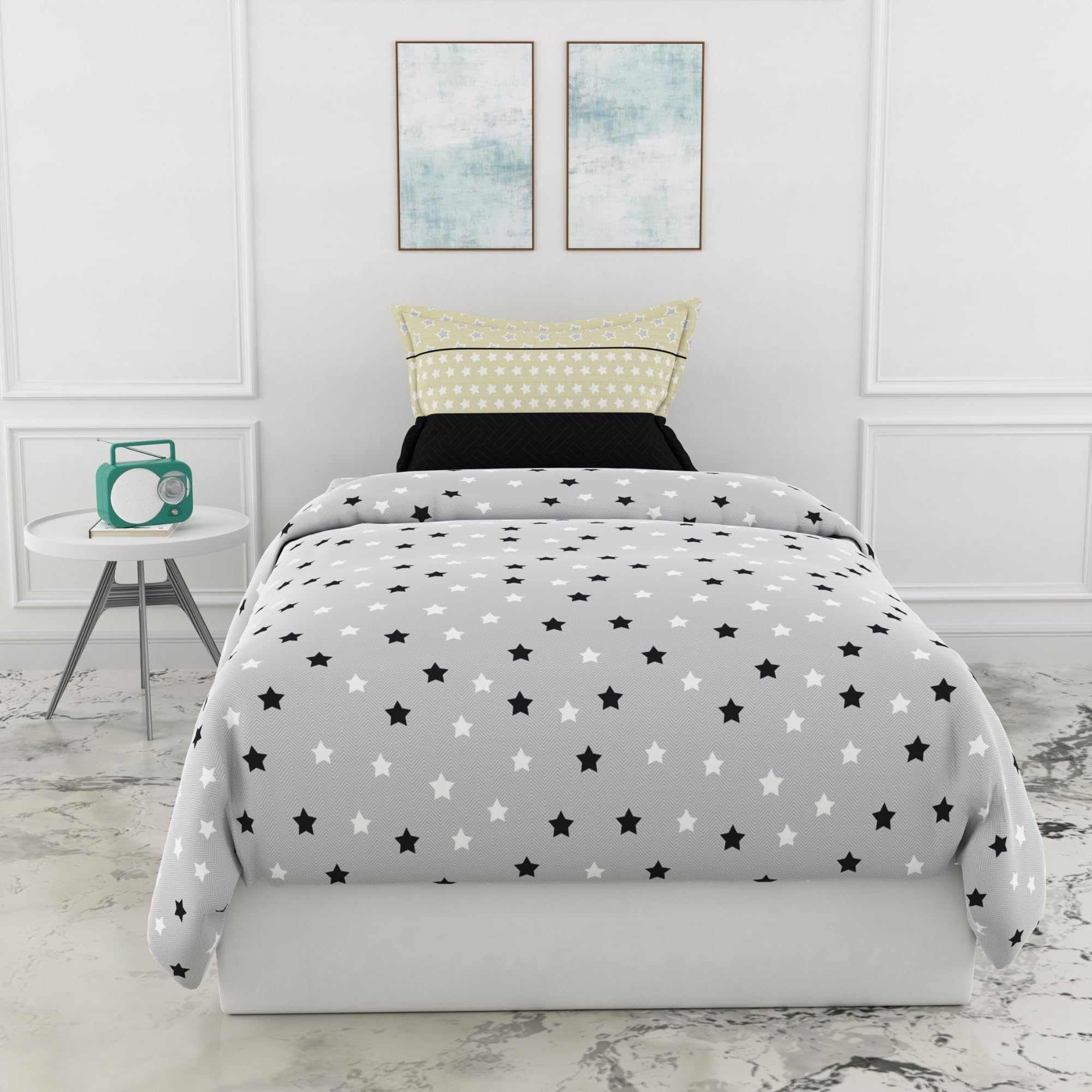 LORETO – A QUALITY LINEN BRAND 144 TC 100% Cotton Bedsheet for Single Bed with 1 Pillow Cover - Grey, Midnight Stars