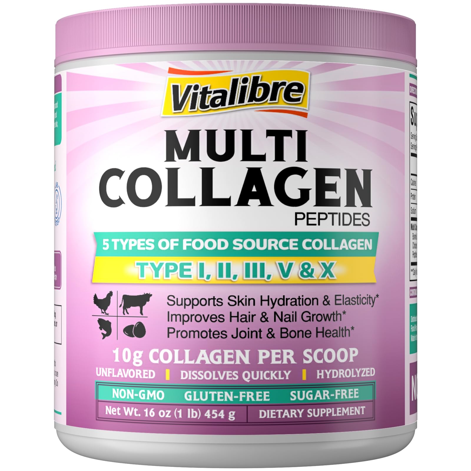 Multi Collagen Peptides Powder Type I II III V X, Hydrolyzed Collagen Protein for Women and Men, Skin, Hair, Nails and Joints, Unflavored, Non-GMO, Keto & GF, Zero Sugar, 45 Servings, 16oz