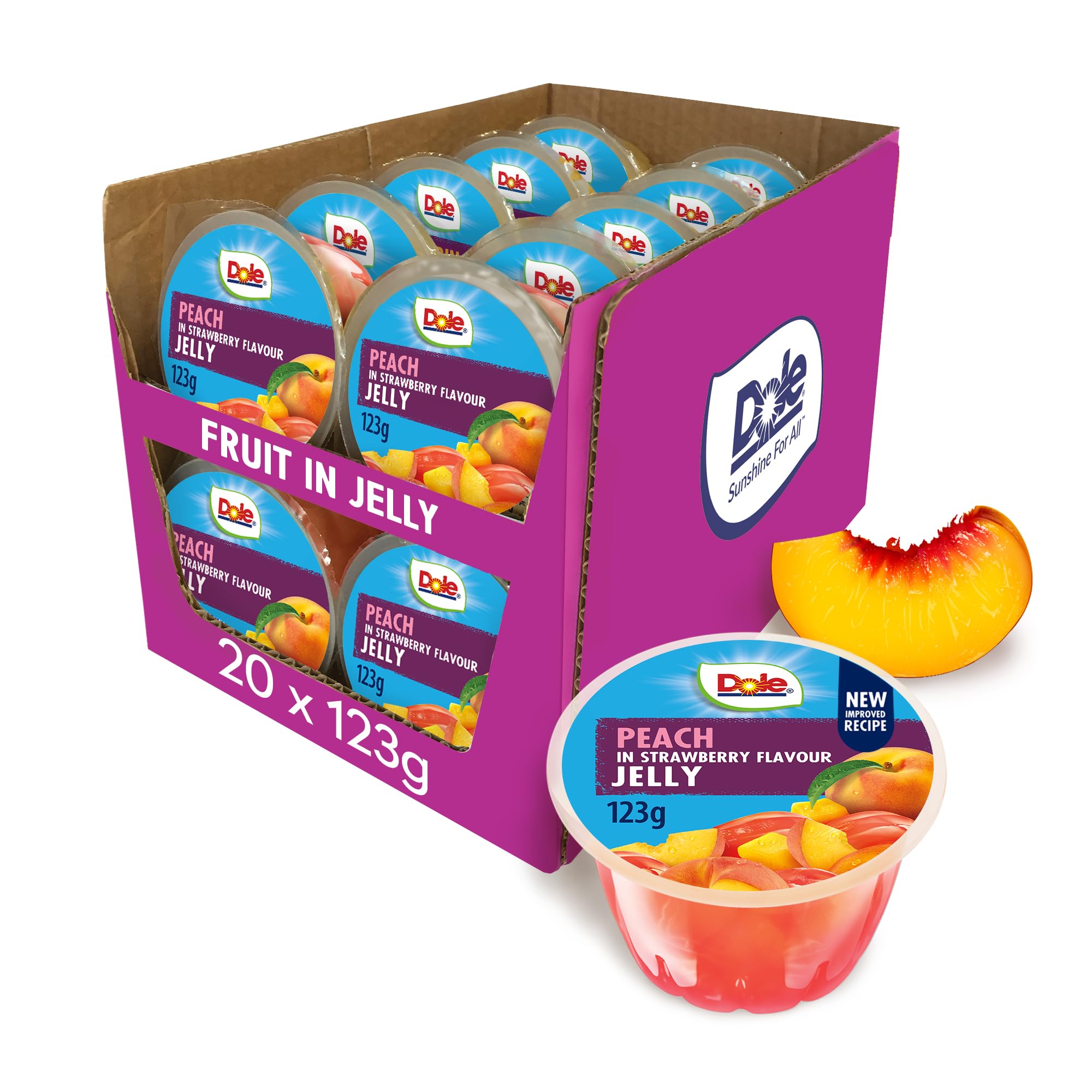 Dole Peach in Strawberry Jelly Fruit Pots 20 x 123g, Healthy Snack Made with Fresh Fruit, No Added Sugar Fruit Bowls, Perfect for Breakfast & Dessert or Adding to Recipes