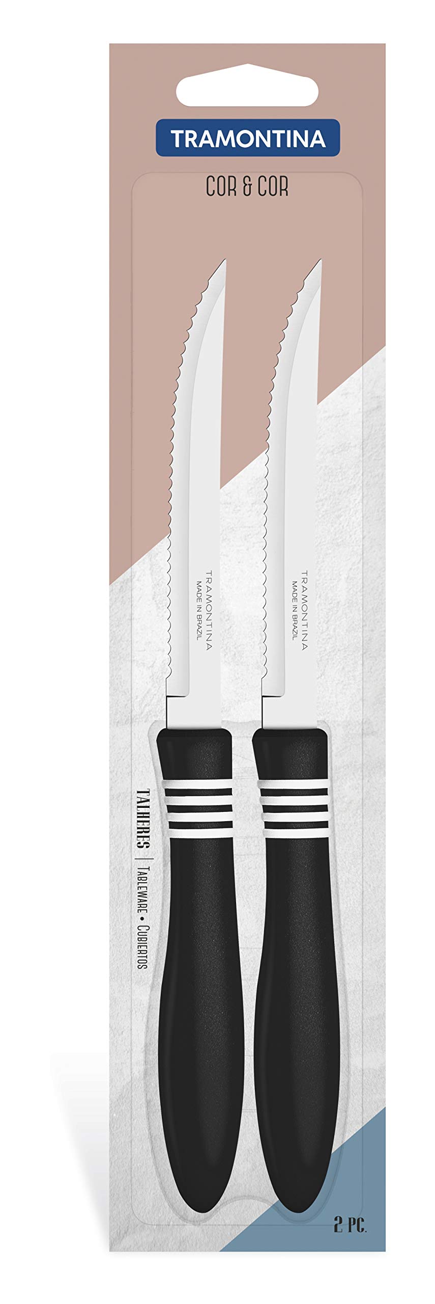 TramontinaCor&Cor 2 Pieces Steak Knife Set with Stainless Steel Blade and Black Polypropylene Handle