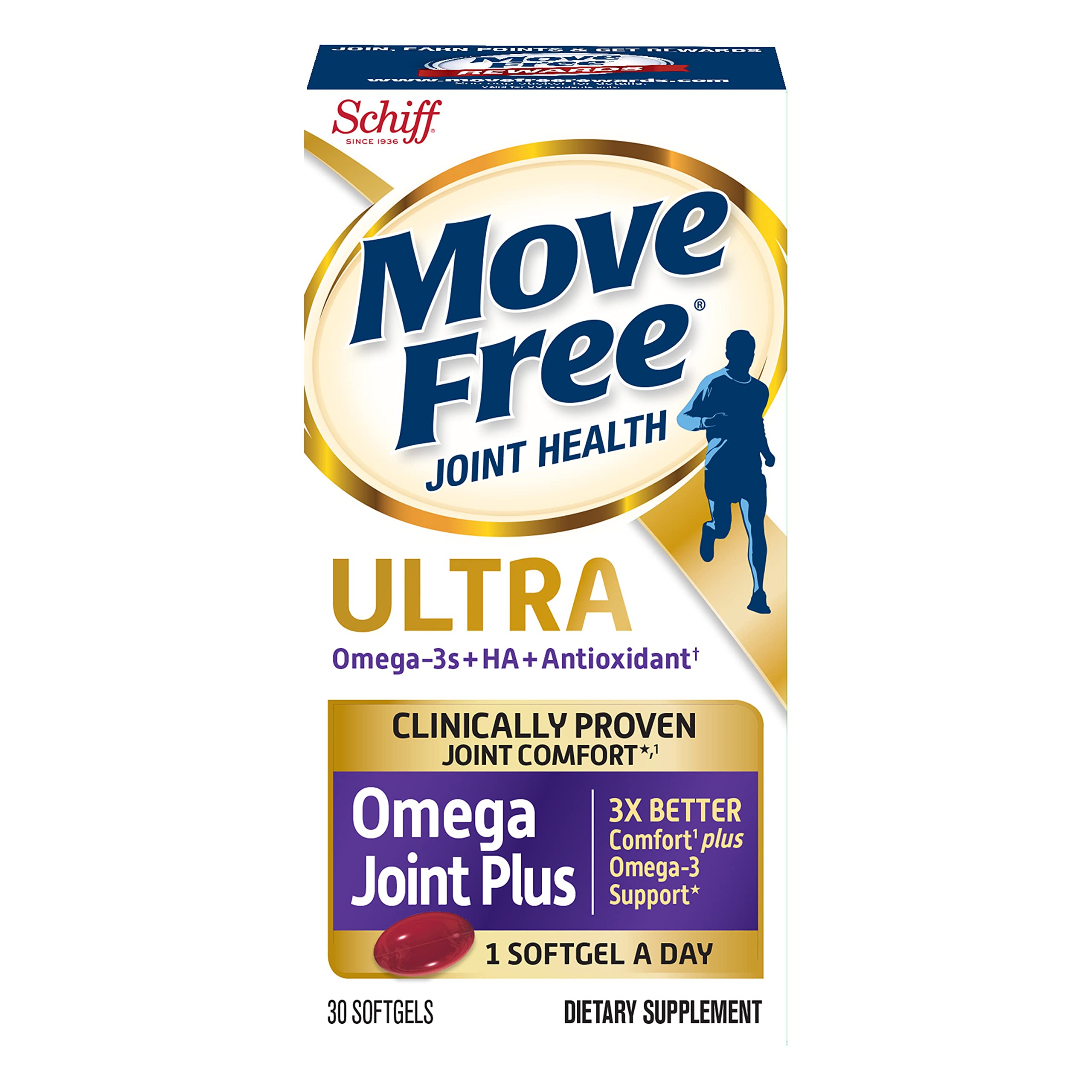 Move Free Omega-3s Plus HA & Antioxidant, Ultra Omega (30 Count in A Box), Joint Health Supplement with Omega-3 Krill Oil and Hyaluronic Acid