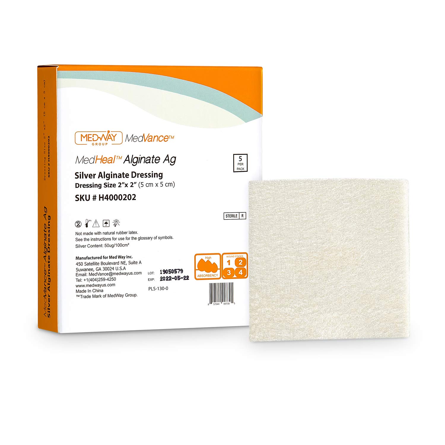 Medvance Silver Calcium Alginate Ag Sterile Highly Absorbent Antibacterial Dressing, 2"x2", 5 dressings/Box, MedHeal TM