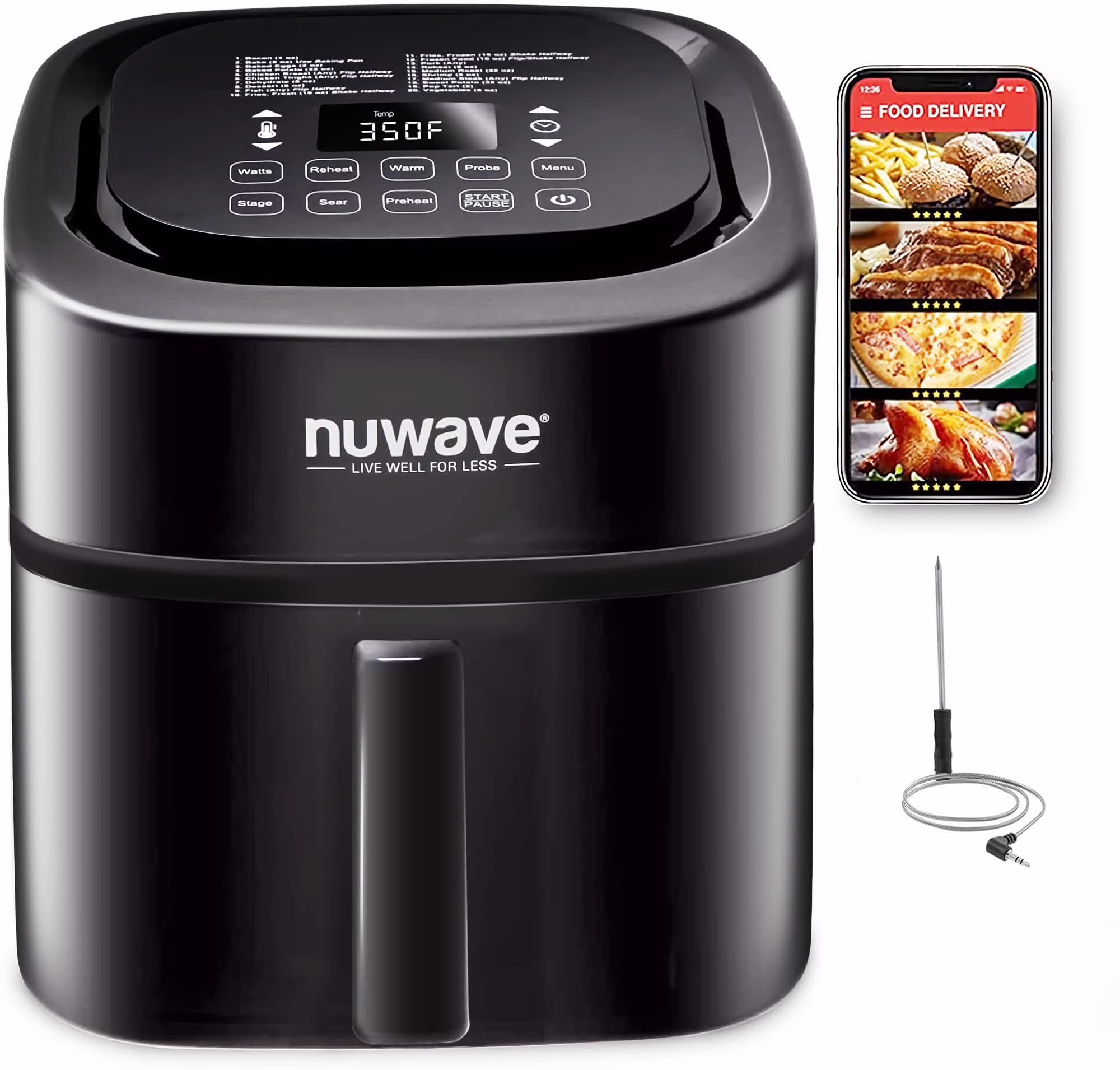 NuwaveBrio 8-Qt Air Fryer, Powerful 1800W, Easy-to-Read Cool White Display, 50°-400°F Temp Controls, 100 Pre-Programmed Presets & 50 Memory Slots, Integrated Smart Thermometer, Linear T Technology