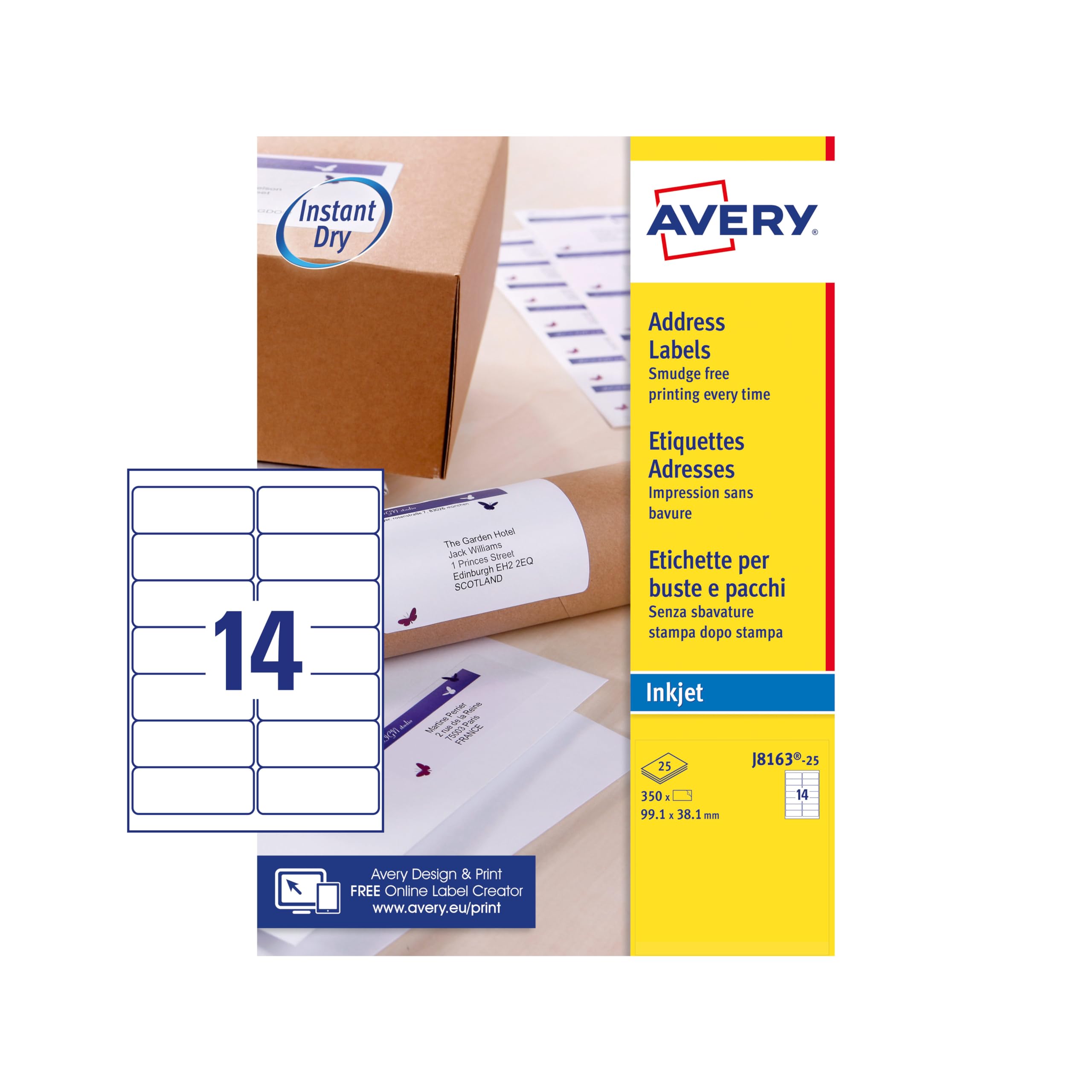 Avery Printable, Customisable Address Mailing Labels, Inkjet Printers, 14 Labels per A4 Sheet, 350 Labels, Quickdry (J8163) White