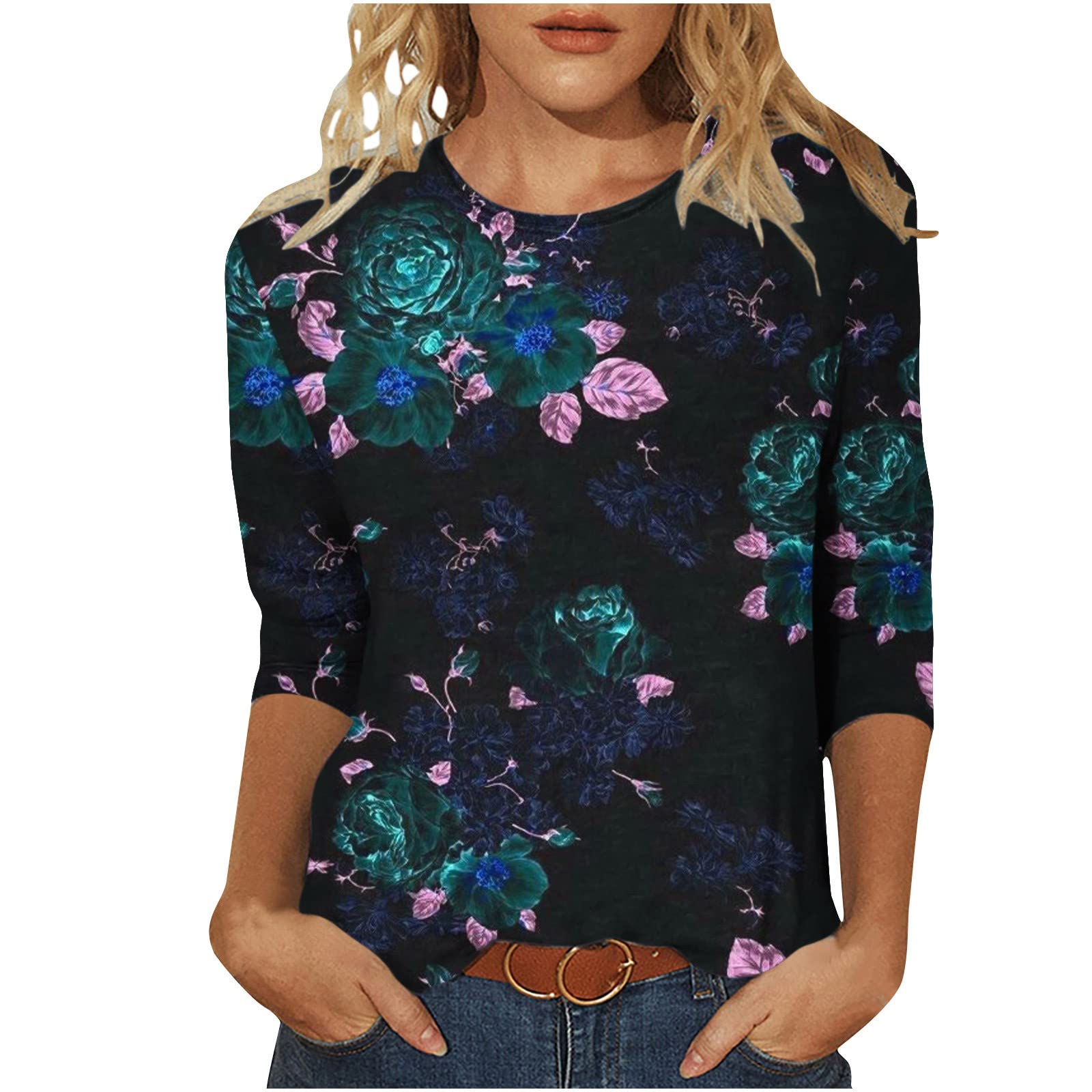 Womens Tops 3/4 Sleeve Round Neck Summer T Shirts Landscape Pattern Print Loose Fit Blouses Three Quarter Sleeve Tee