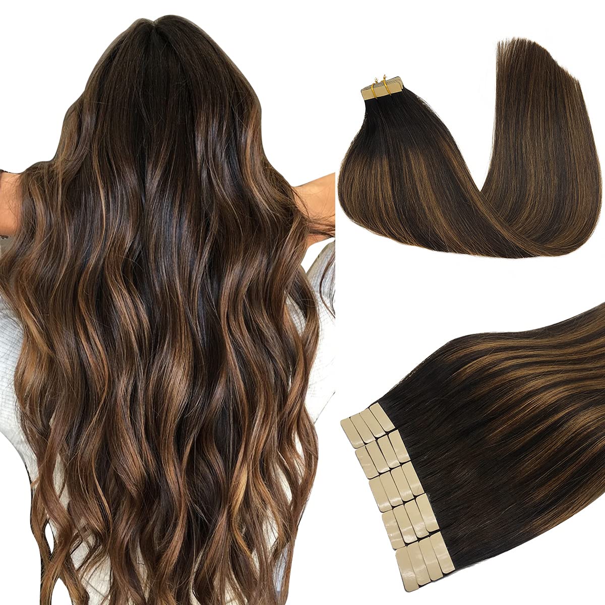 DOORES 50g Hair Extensions Tape in Balayage Dark Brown to Chestnut Brown Remy Tape in Human Hair Extensions Real Hair Skin Weft Hair Extensions 20pcs 16 Inch