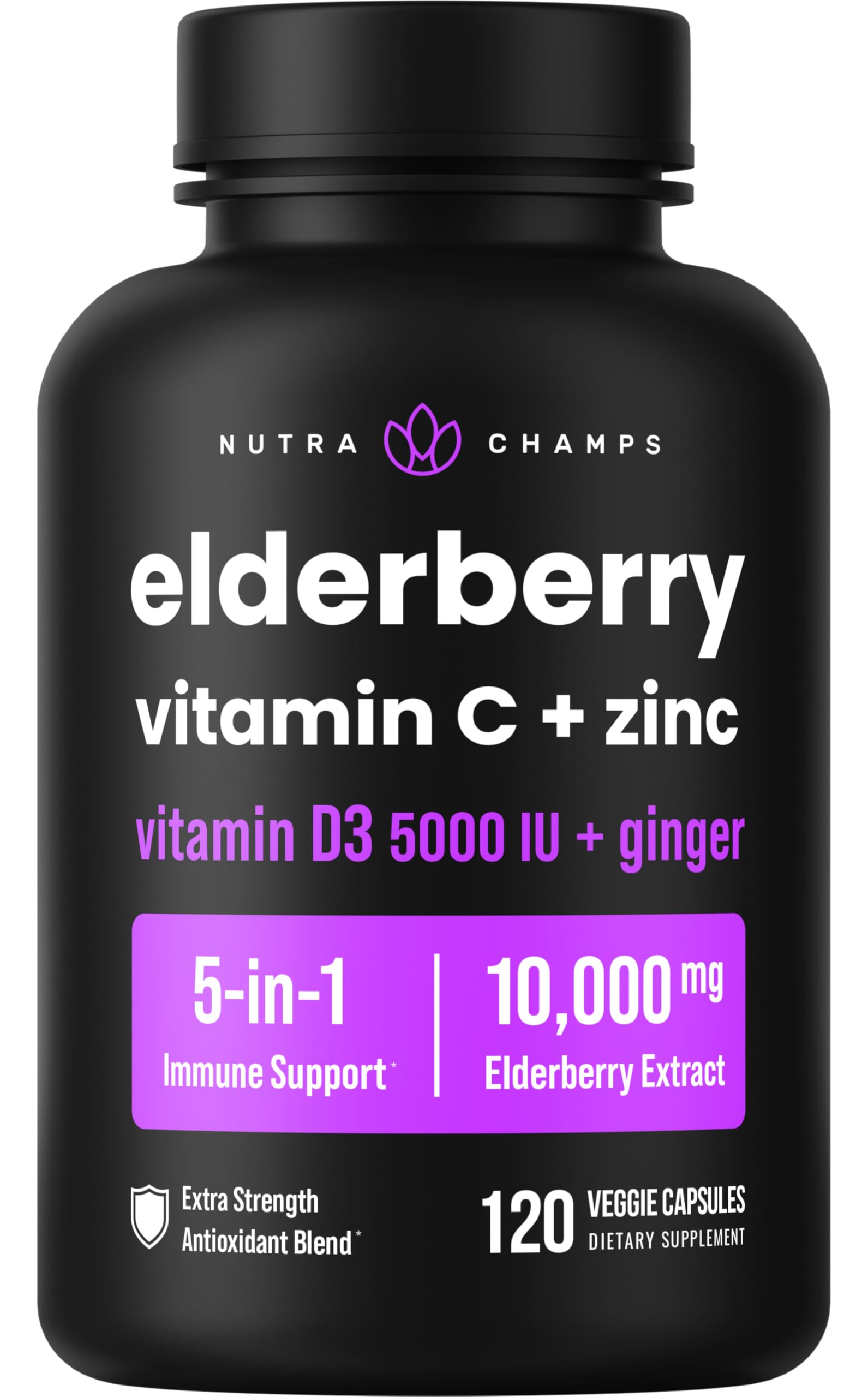 Elderberry Capsules | 10,000mg Sambucus Elderberry with Zinc and Vitamin C for Adults + Vitamin D3 5000 IU & Ginger | 5-in-1 Antioxidant Immune Support Supplement | 120 Elderberry Extract Capsules