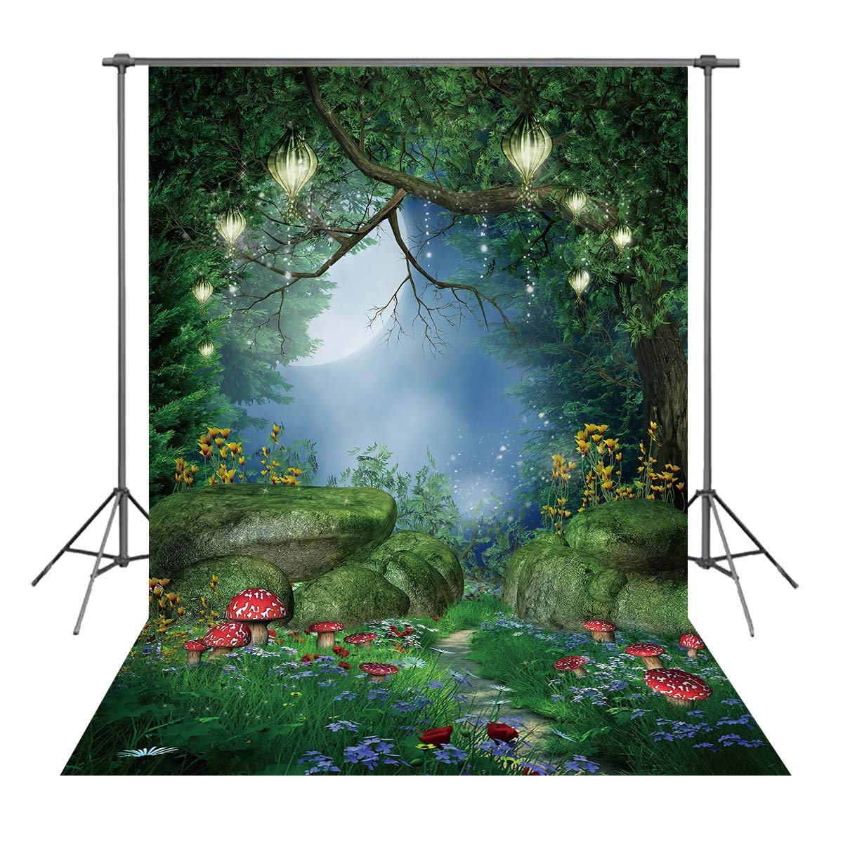 INRUI Enchanted Forest Photography Background Magic Mushrooms and Fairy Lanterns Spring Forest Backdrops for Children Kid's Birthday Party (5x7FT)