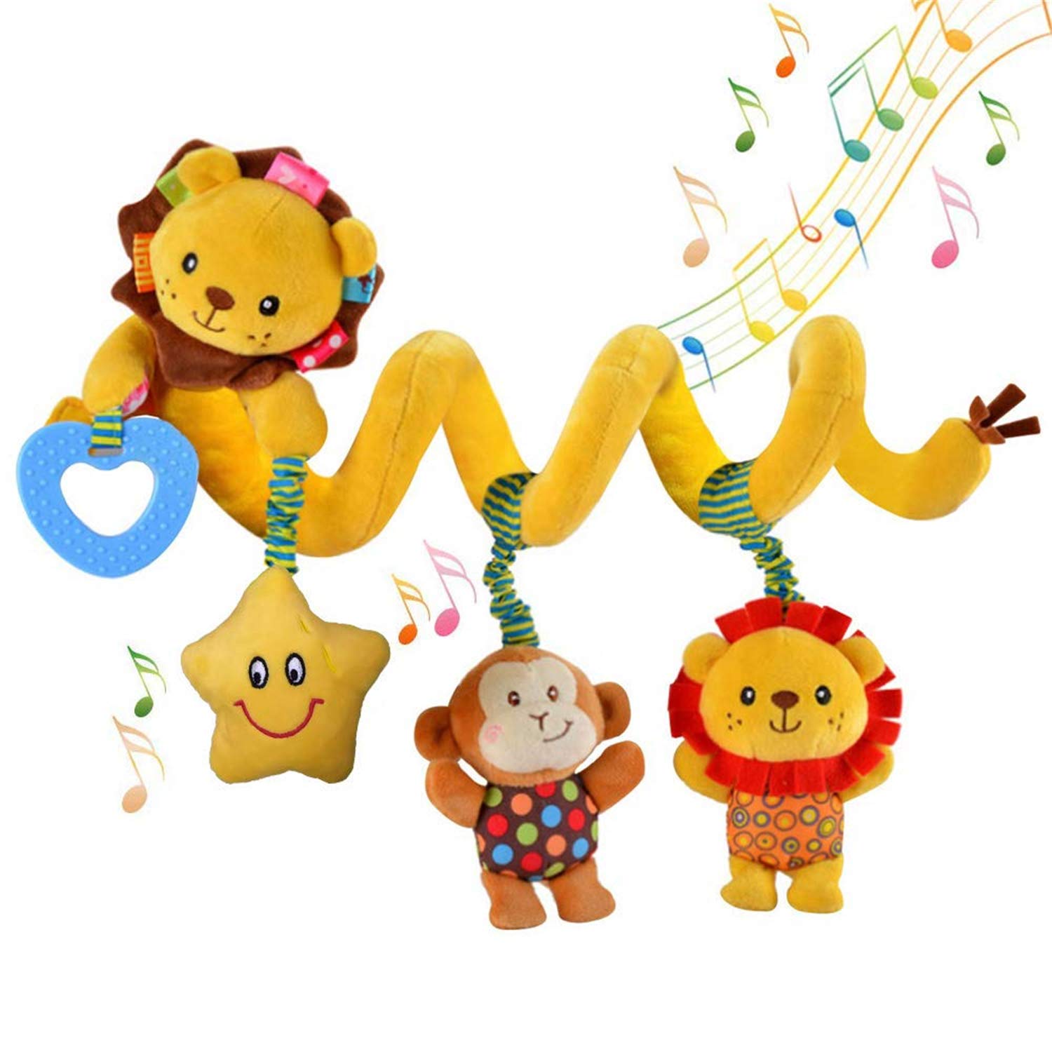 Hanging Car Seat Toys, Infant Baby Activity Plush Toys for Crib Mobile Stroller Bar Car Seat Mobile - with Musical Star Rattle Monkey Beep Lion