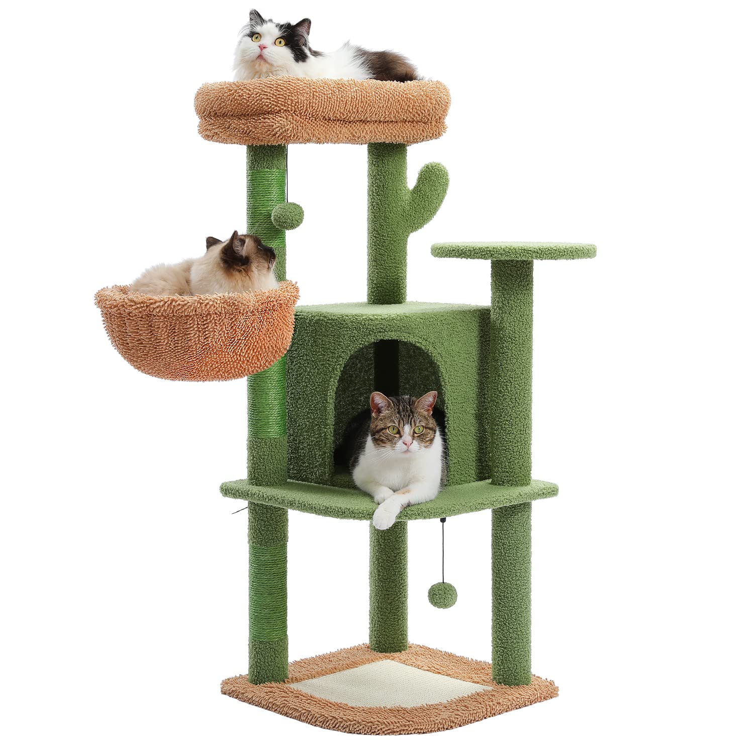 PAWZ Road Cat Tree 42 Inches Cactus Cat Tower with Sisal Covered Scratching Posts, Pads and Cozy Condo for Indoor Cats, Cat Climbing Stand with Plush Perch & Hammock for Multi-Level Cat House