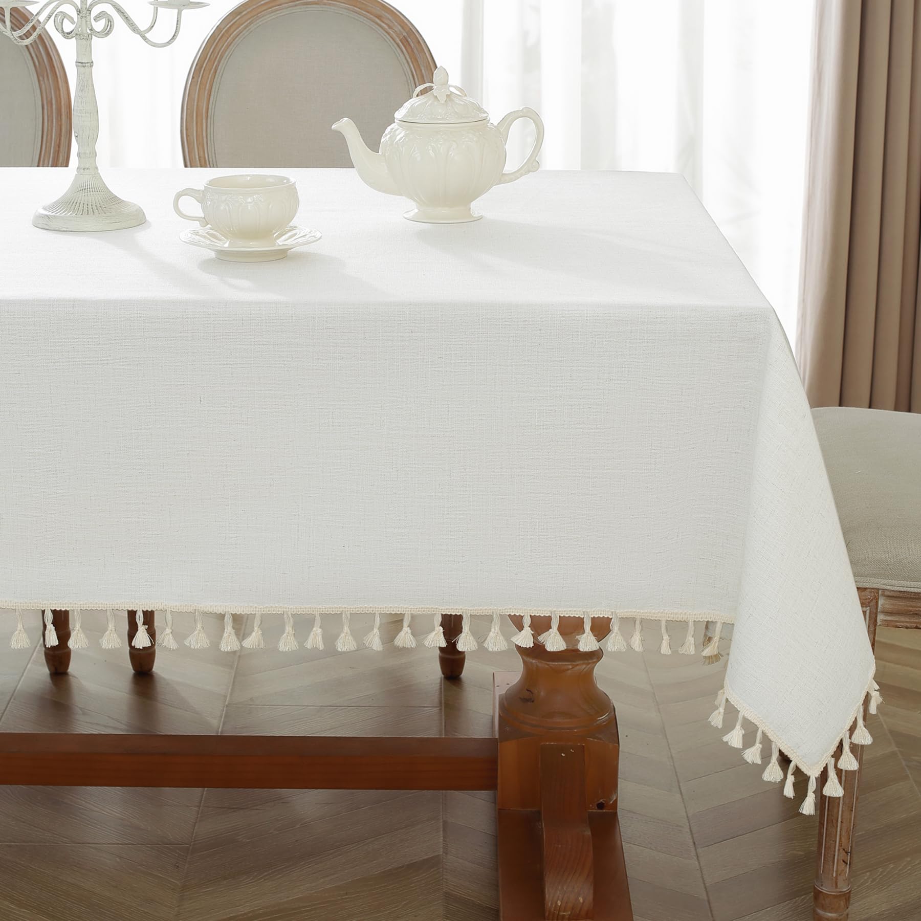 Table Cloth Rectangle Table Heavy Duty Cotton Linen Texture Tablecloth Farmhouse Waterproof Wrinkle Free Table Cover with Ivory Tassel for Kitchen Dining Holiday Party, Ivory, 55" x 75"