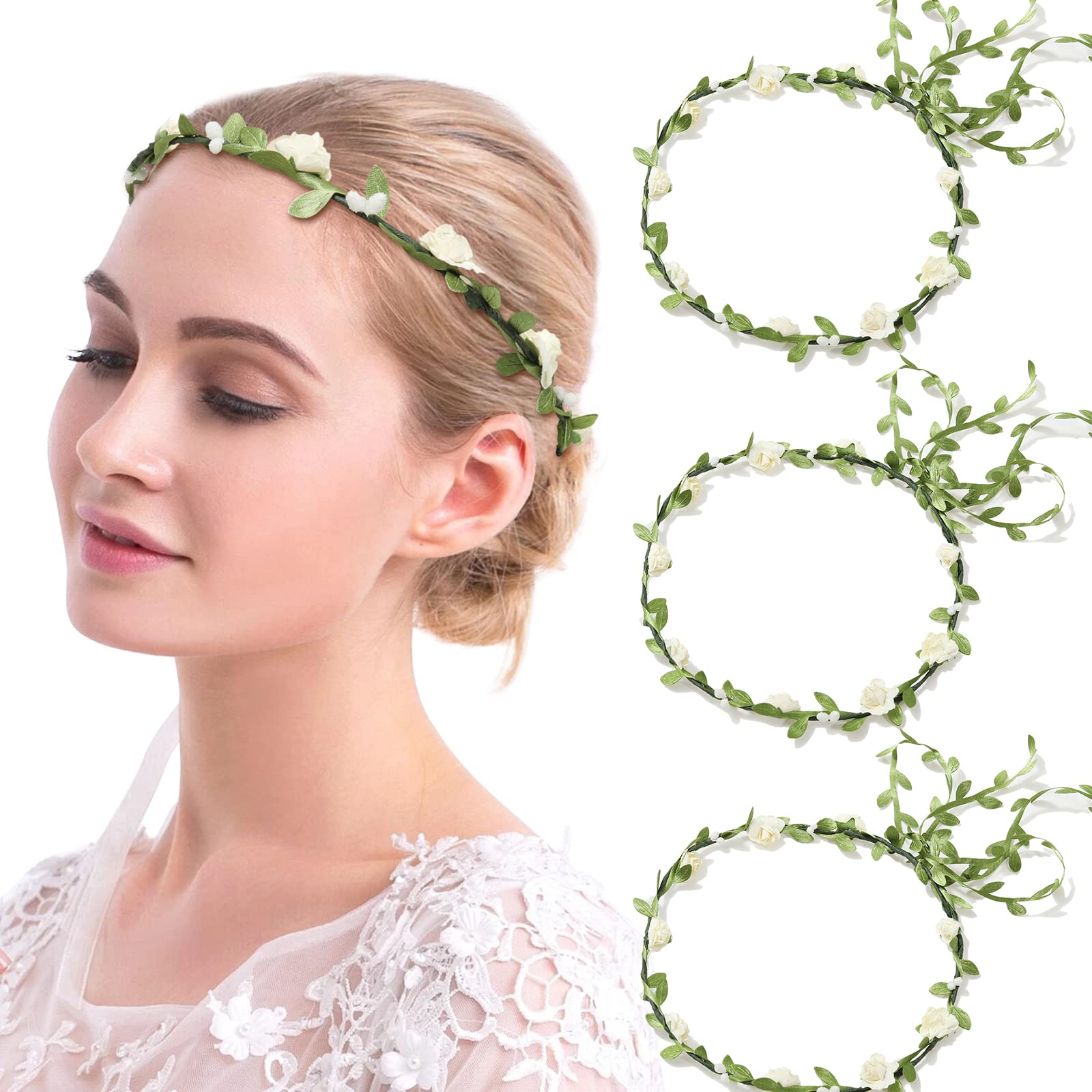 3Pcs Flower Crown Floral Wreath Headband Fairy Floral Garland Bohemian for Women Girls Wedding Festival Party Vacation Photography Props (Cream white)