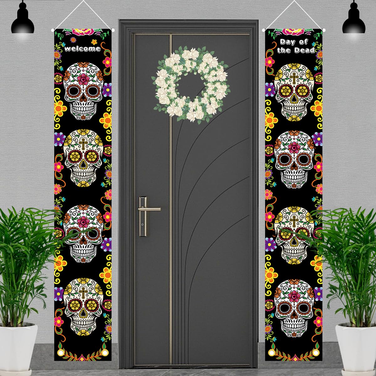 ASOONYUM 2Pcs Mexican Day Of The Dead Porch Sign Banner 71x12inch Sugar Skull Dia De Los Muertos Holiday Front Door Wall Hanging Party Decorations