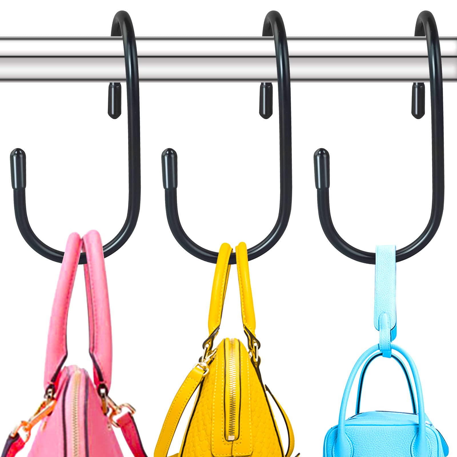 12 Pack Purse Hanger for Closet, Twist Design S Hooks for Hanging Bags, Vinyl Coated Bag Hanger Closet Organizer, Large Closet S Hooks for Hanging Jeans, Bags, Purses, Belts, Caps, Black