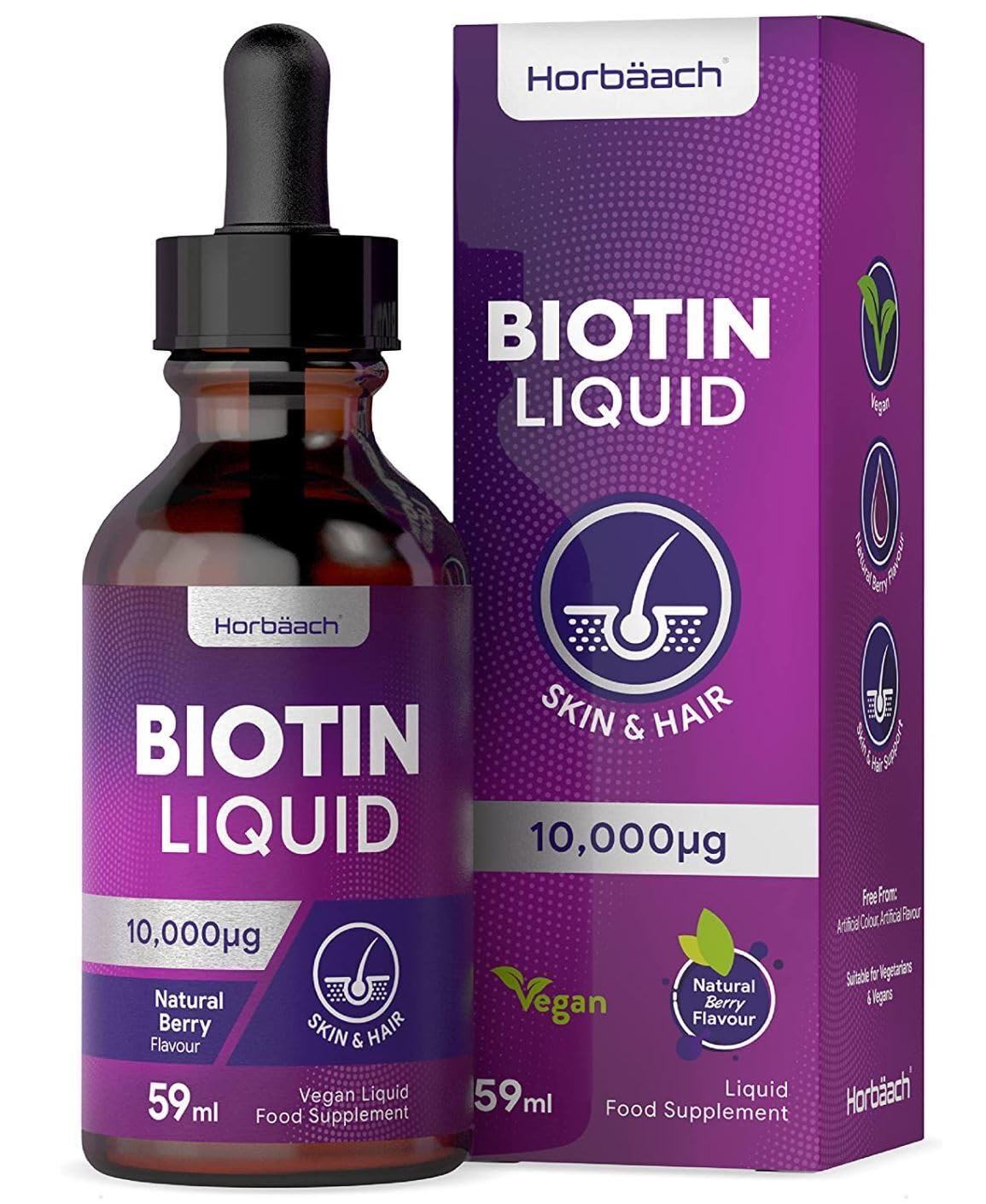 Biotin Liquid Drops 10000 mcg | 59 ml | Vitamin B7 Supplement | Natural Berry Flavour | for Vegetarians | No Artificial Preservatives | by Horbaach