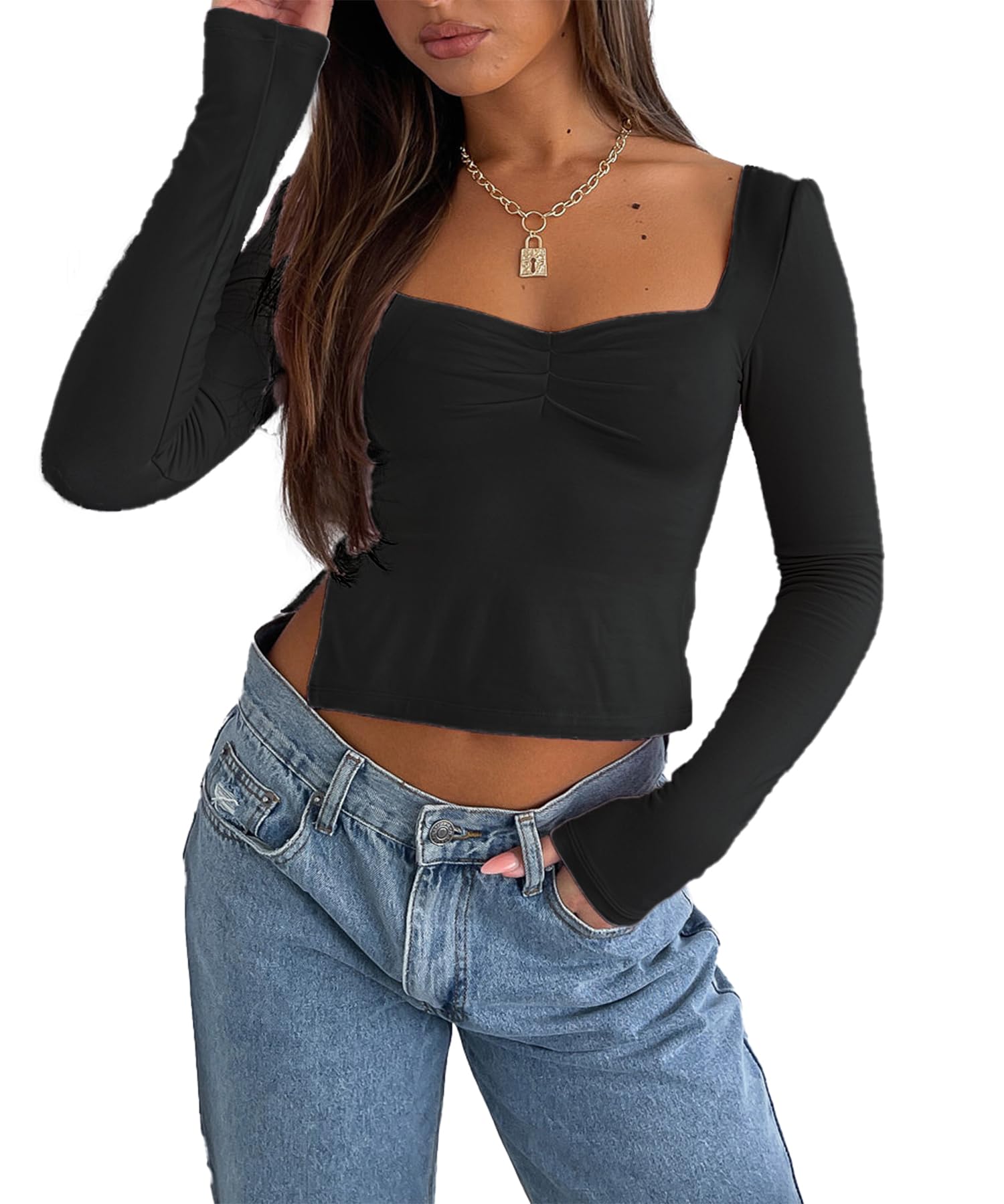 ForeFair Women Y2K Long Sleeve Blackless Crop Top Open Slit Side Sexy Going Out Tops Casual Slim Fit T Shirt Ruched Tees