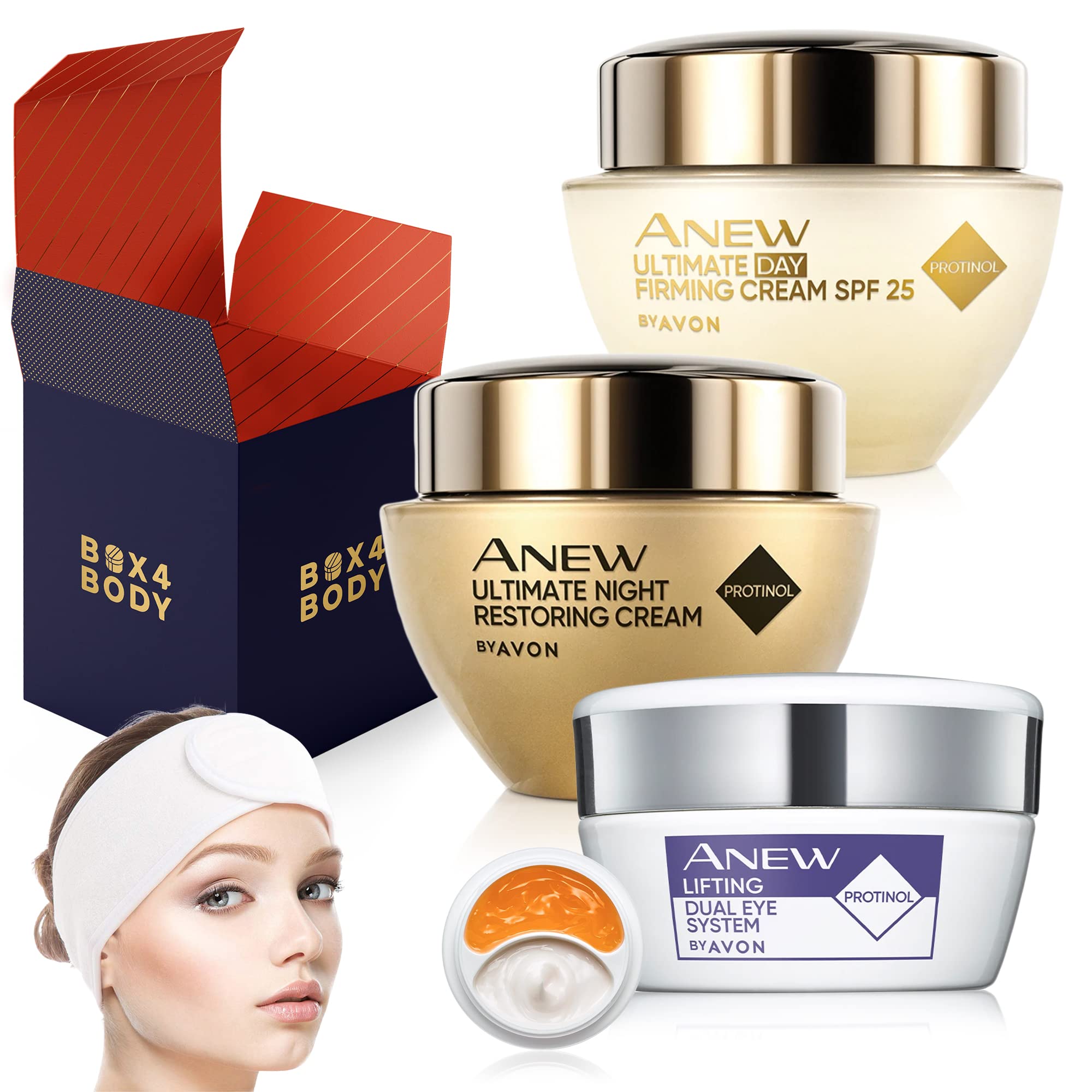 4 Pcs Set - Avon Anew Ultimate Day Cream, Avon Anew Ultimate Night Cream, Avon Anew Eye Lift Dual System Cream Set with Box 4 Body Facial Spa HeadBand Hair Wrap (Ultimate, 4 Pcs)