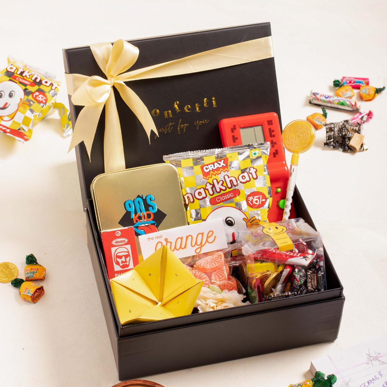 Confetti Gifts Hamper For 90's Kids Kit Box | Wheat Puffs |Sweet Cigarettes |Candies|Playing Cards|Chocolate| Paper & Brick Game| Birthday Gift for Men Family Friends