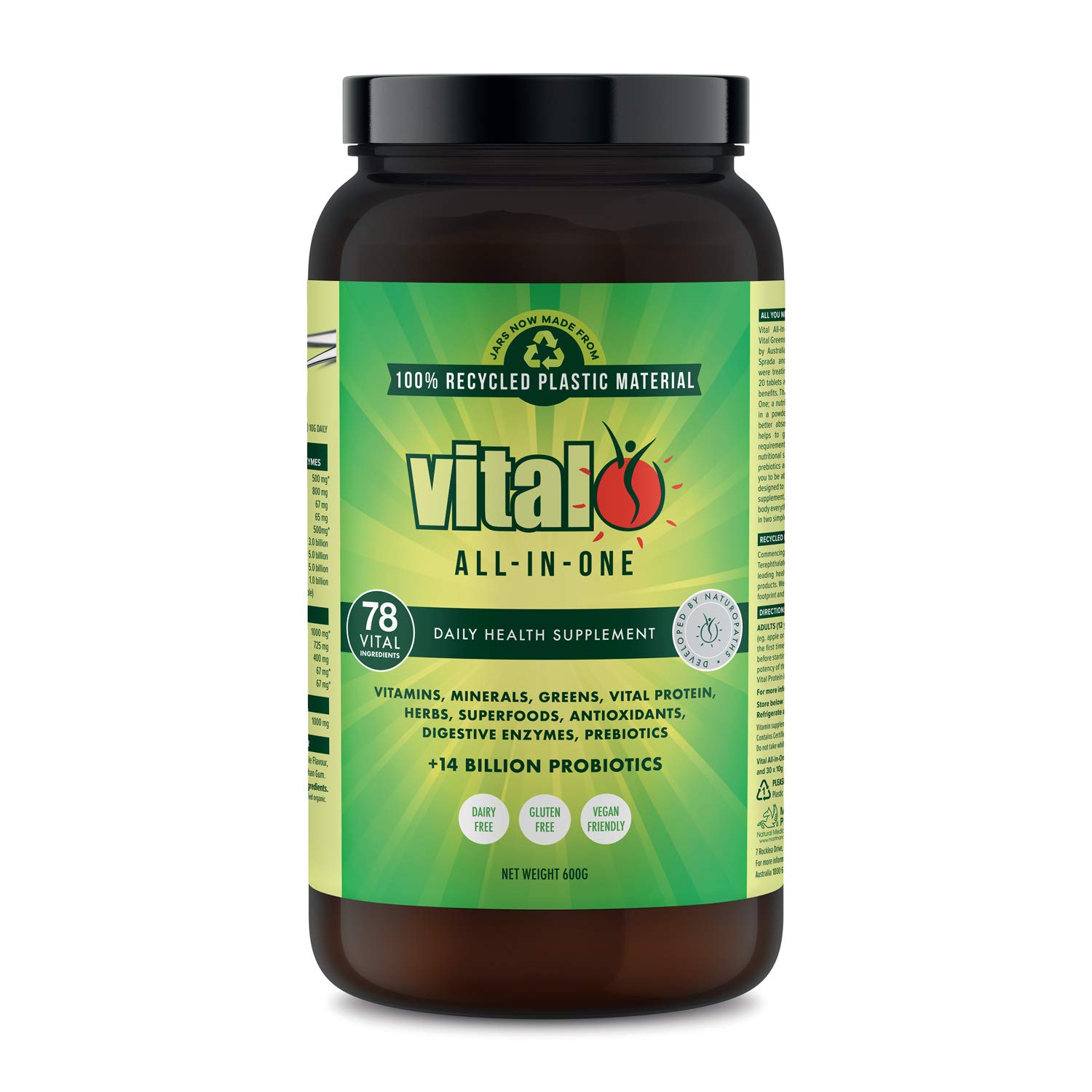 Vital All in One Daily Health Supplement 600GM | Vital Greens, Vegan, 70 Vital Ingredients - Vitamins, Minerals, Greens, Cultures, Digestive Enzymes, Vegetables