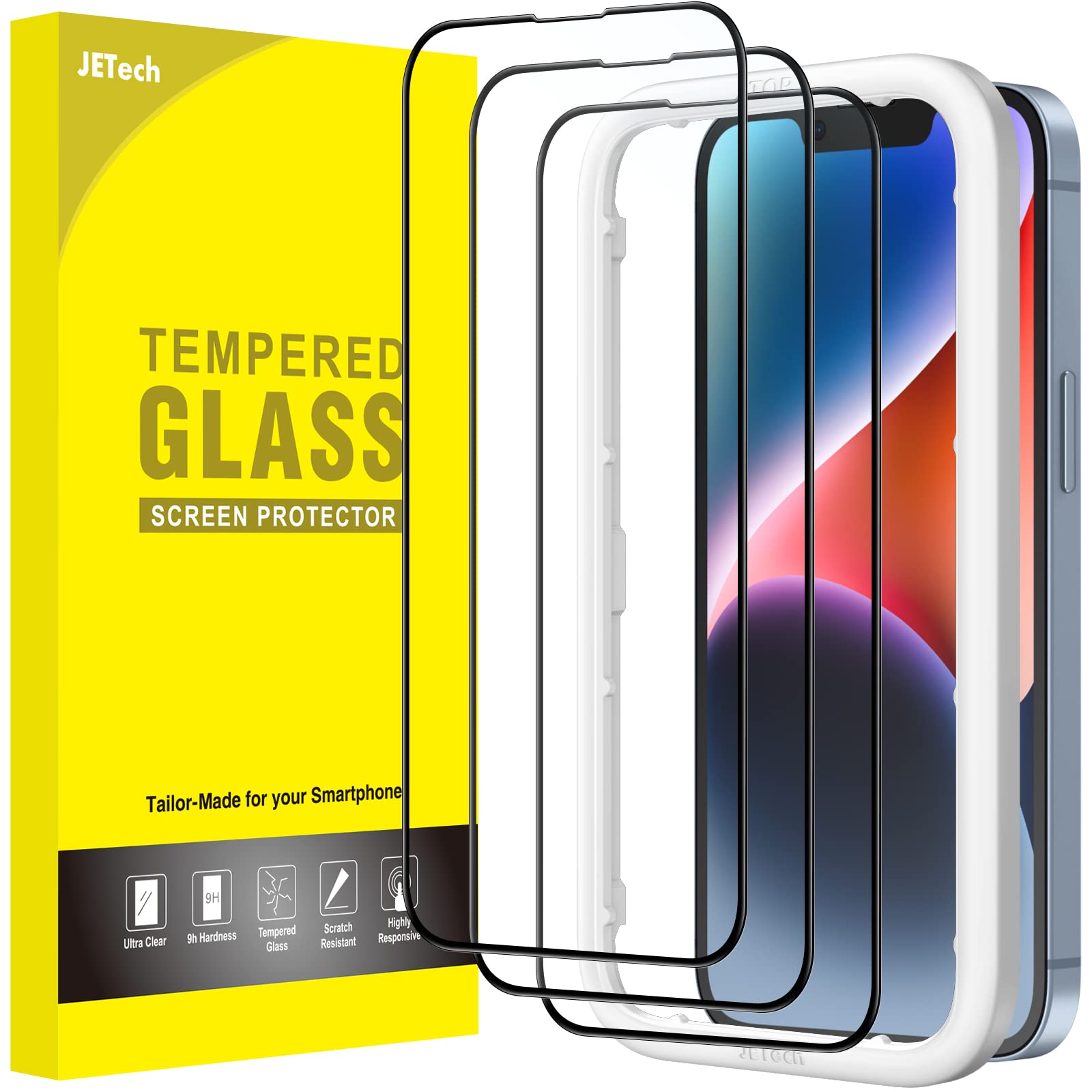 JETech Full Coverage Screen Protector for iPhone 14 Plus 6.7-Inch, Black Edge Tempered Glass Film with Easy Installation Tool, Case-Friendly, HD Clear, 3-Pack