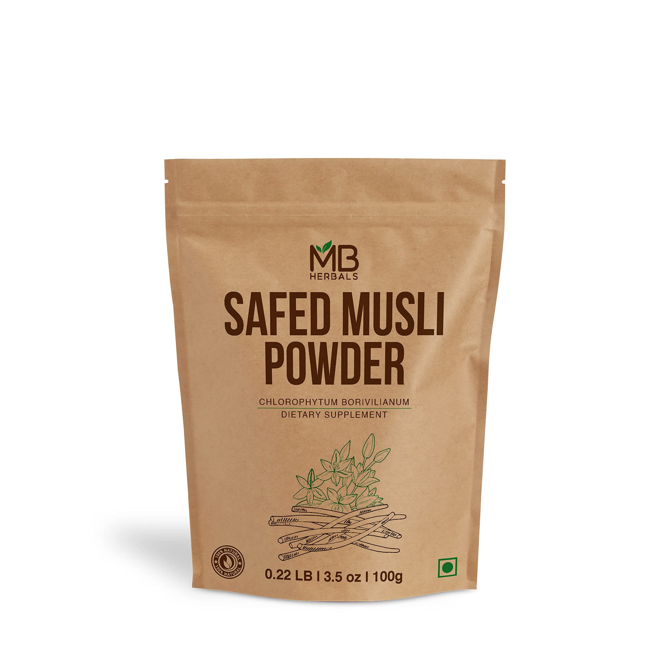 MB Herbals Safed Musli Powder 100 gram Chlorophytum borivilianum Rt. Musali, Swetha Musli