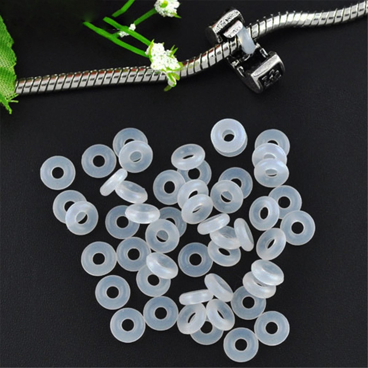 ECYC 200pcs Rubber Stopper Rings Silicone Beads, White Bead Spacer Charm Clip Over for Snake Chain Bracelets