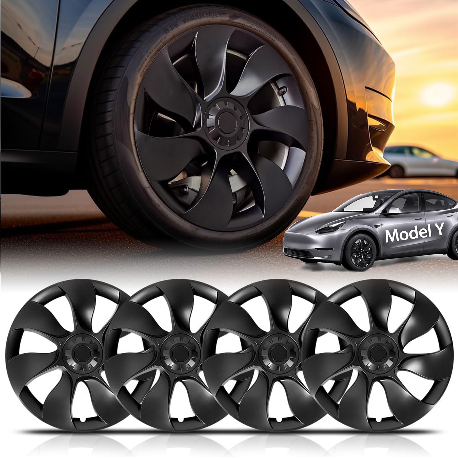 LIODUXFit for Tesla Model Y Wheel Cover Hubcaps 19 Inch, Hub Cap Replacement ABS Wheel Covers Kit, Set of 4 Matte Black Wheel Protector for 2020-2024 Model Y Accessories (19'' Vortex)