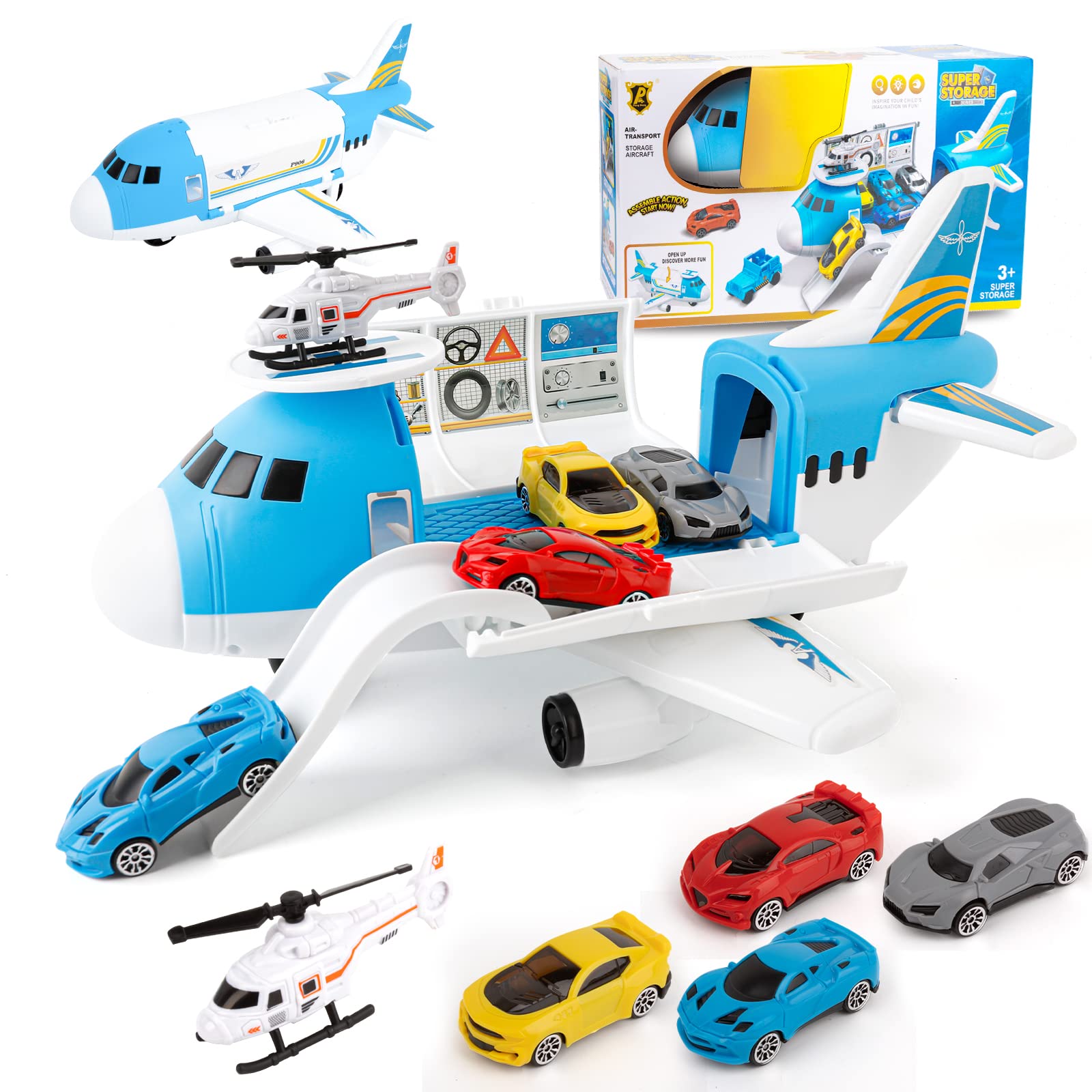 Shayson Transport Cargo Airplane Car Toy Play Set for Boys and Girls Ages 3 and Up - Includes 4 Cars, 1 Helicopter, Kids DIY Preschool Toy Gift