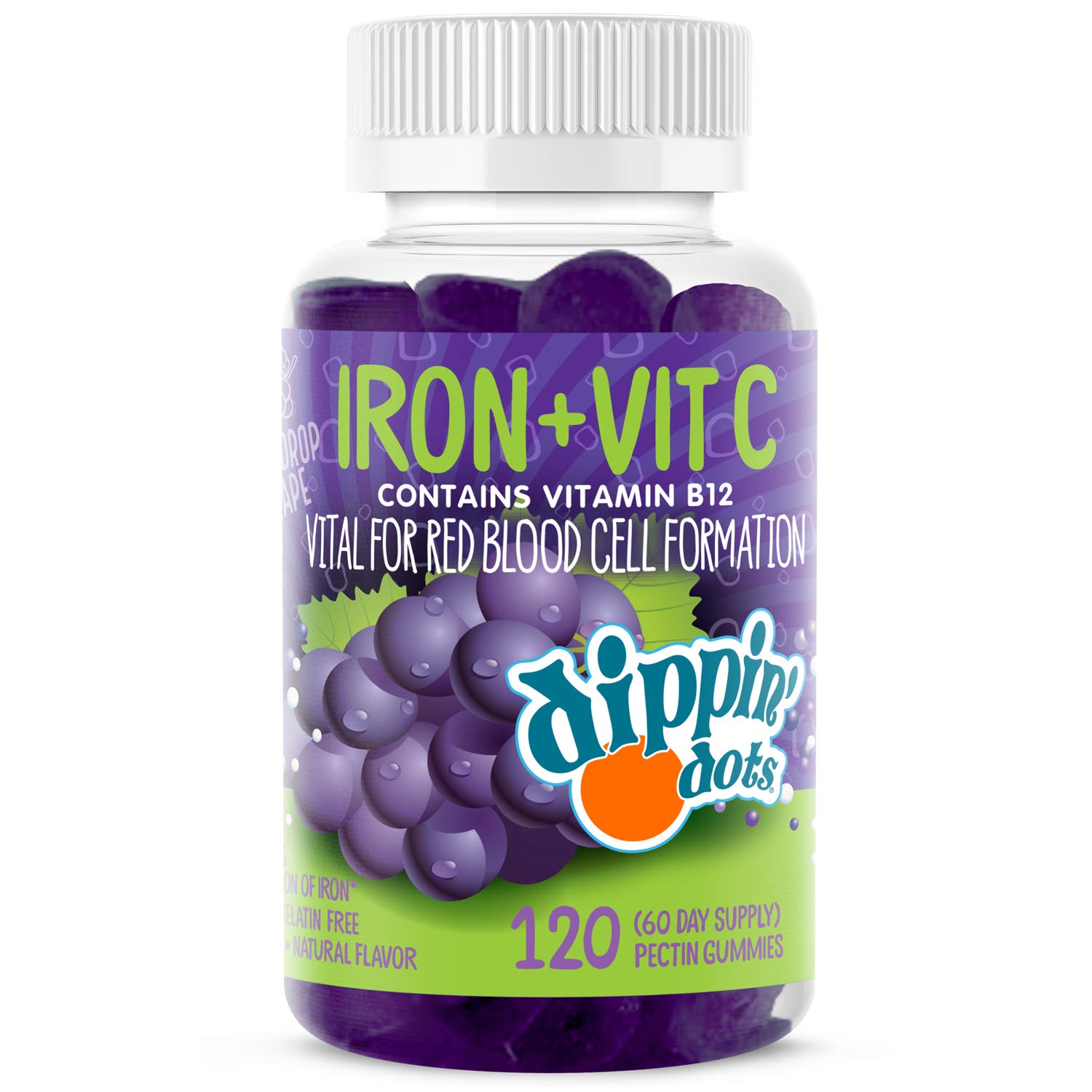 Dippin' Dots - Iron with Vitamin C & B12 Gummies (120 Count) Vital for Red Blood Cell Formation | Gum Drop Grape Real Pectin Fruit Chew Supplements | Vegan, Non-GMO, Gluten Free & Gelatin Free