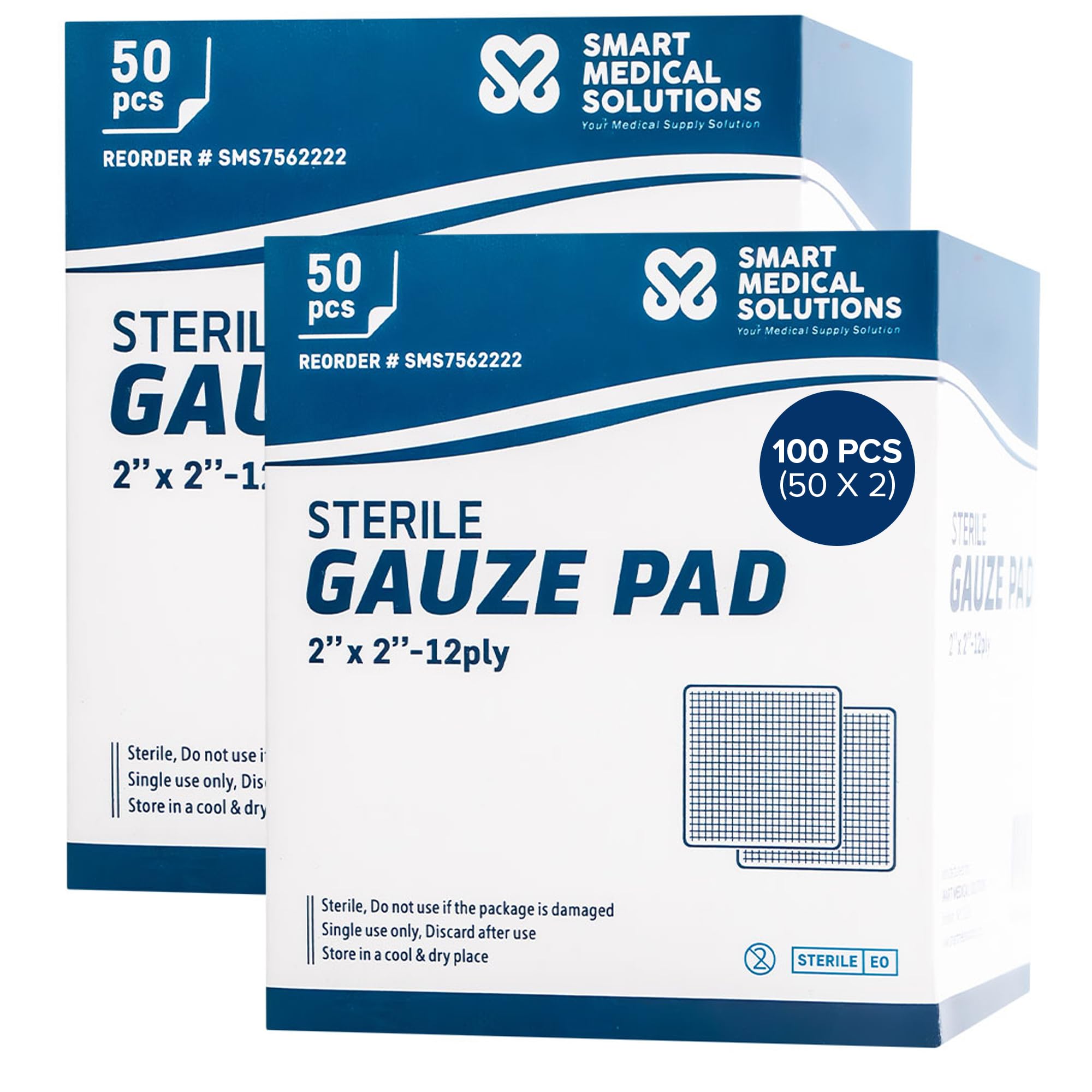 Sterile Gauze Pads - 100 Pack | Individually Wrapped for Wound Care | Absorbent First Aid Dressing Pads (2"x2")