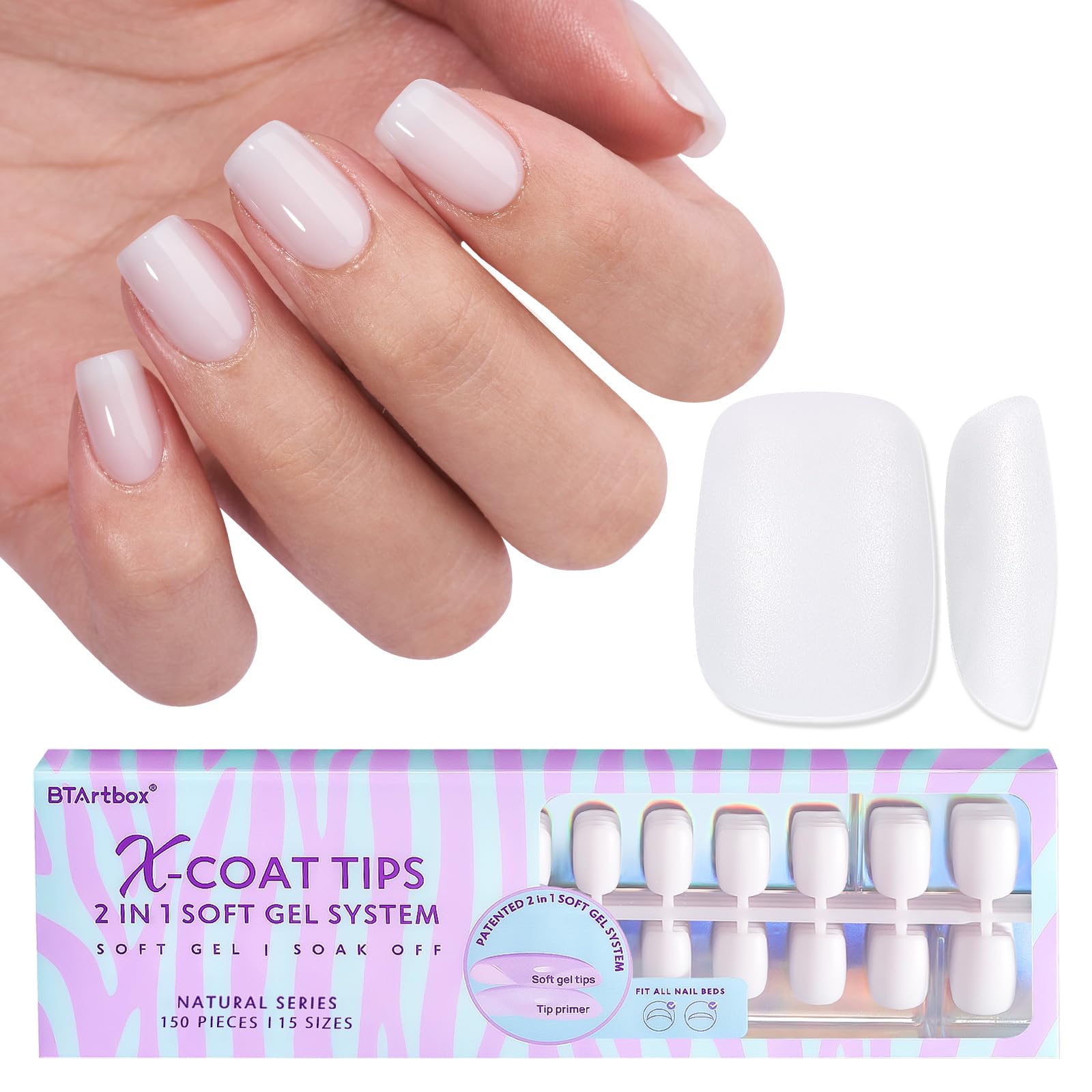 btartboxnailsXS Short Square Gel Nail Tips - Pre Colored Milky White Soft Gel Nail Tips, Milky White Press on Nails, Natural XCOATTIPS Pre Applied Tip Primer