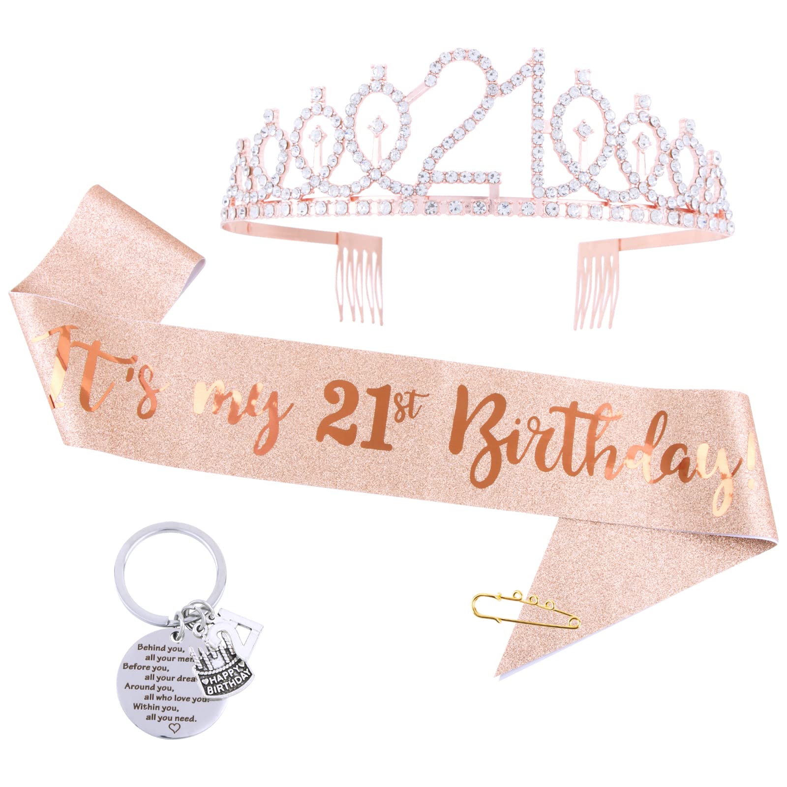 COLOFALLA 3pcs 21st Birthday Sash and Tiara Crown Rose Gold 21st Birthday Gifts for Girls Keyring Glitter Sash and Rhinestone Crown