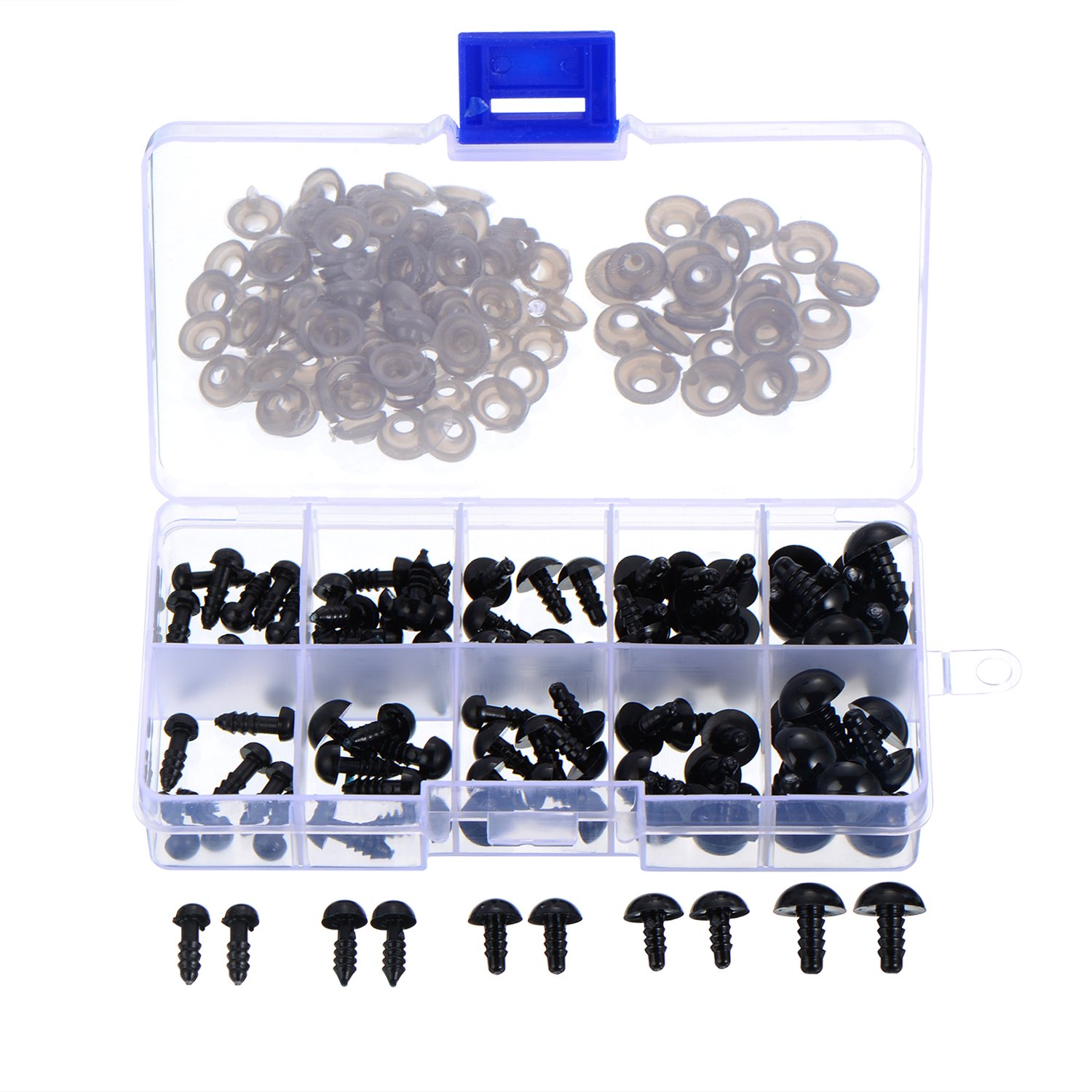 Outus 100 Pieces 6 to 12 mm Plastic Safety Eyes Black Solid Eyes with Washers for Teddy, Bear, Doll, Puppet and Crafts