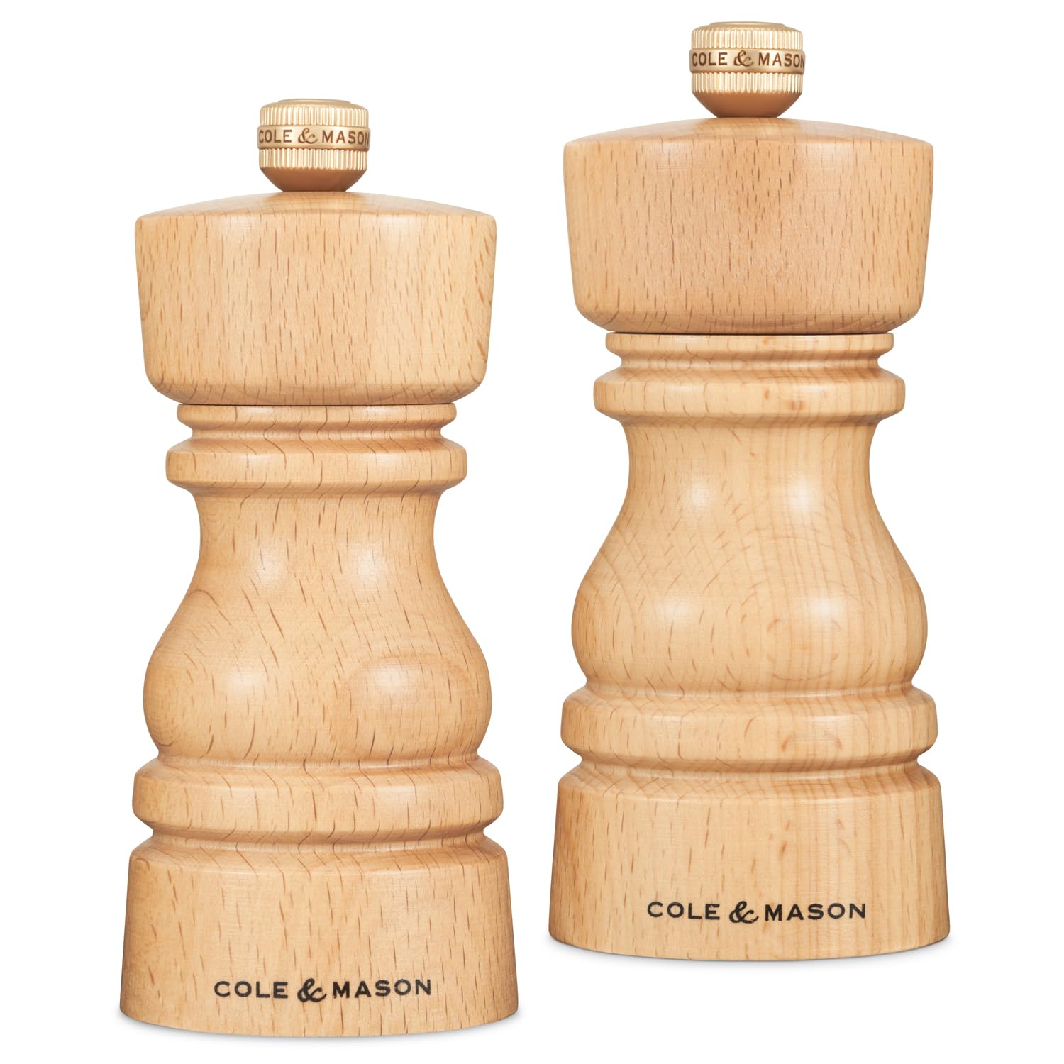 Cole & Mason H233005 London Natural Beech Salt and Pepper Mill Set, 130mm, Precision+ Carbon/Ceramic Mechanisms, Salt and Pepper Grinders with Adjustable Grind, Beech Wood, Gift Set