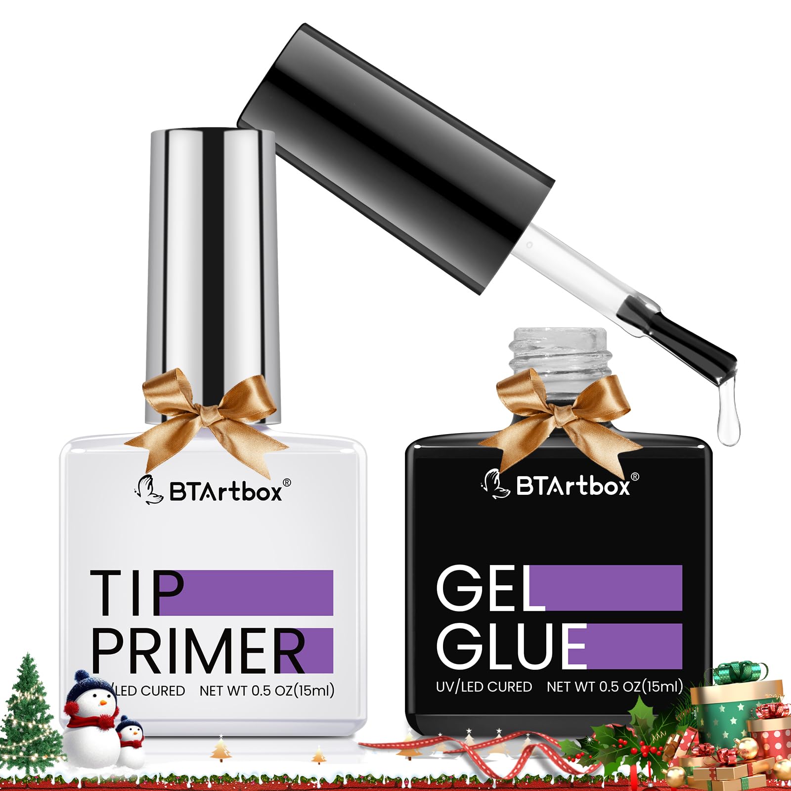 BTArtbox Nail Glue & Primer Set - 2 x 0.5 Fl Oz Acrylic French Ballerina Nail Gel, Long Lasting Super Strong 4 in 1 UV Nail Gel for Press On Nails