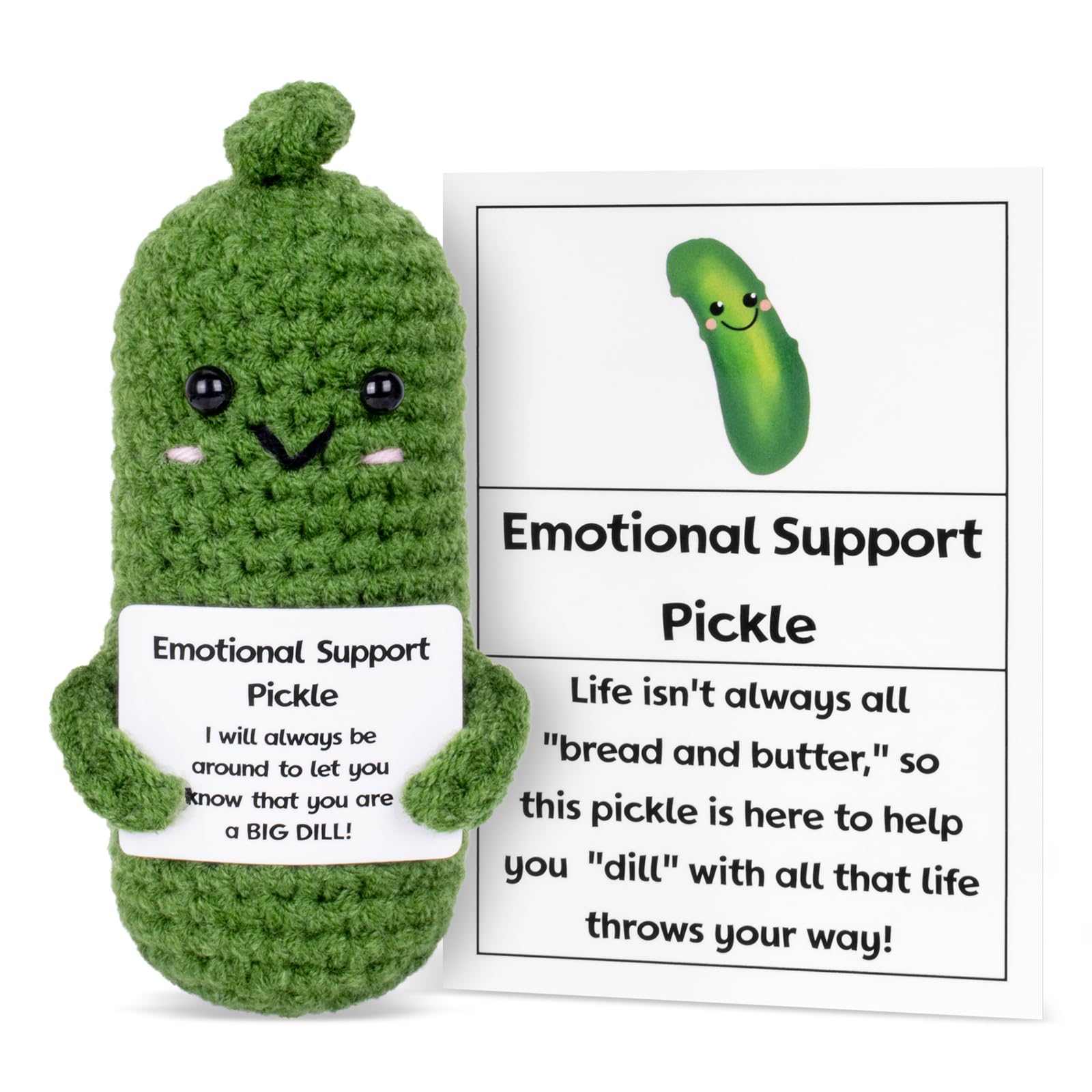 Funny Positive Pickled Emotional Support Pickles, Cute Crochet Cucumber Toy with Positive Card Cheer Up Funny Gag Gifts for Best Friend Birthday Housewarming Women Teacher Fall (Pickle)