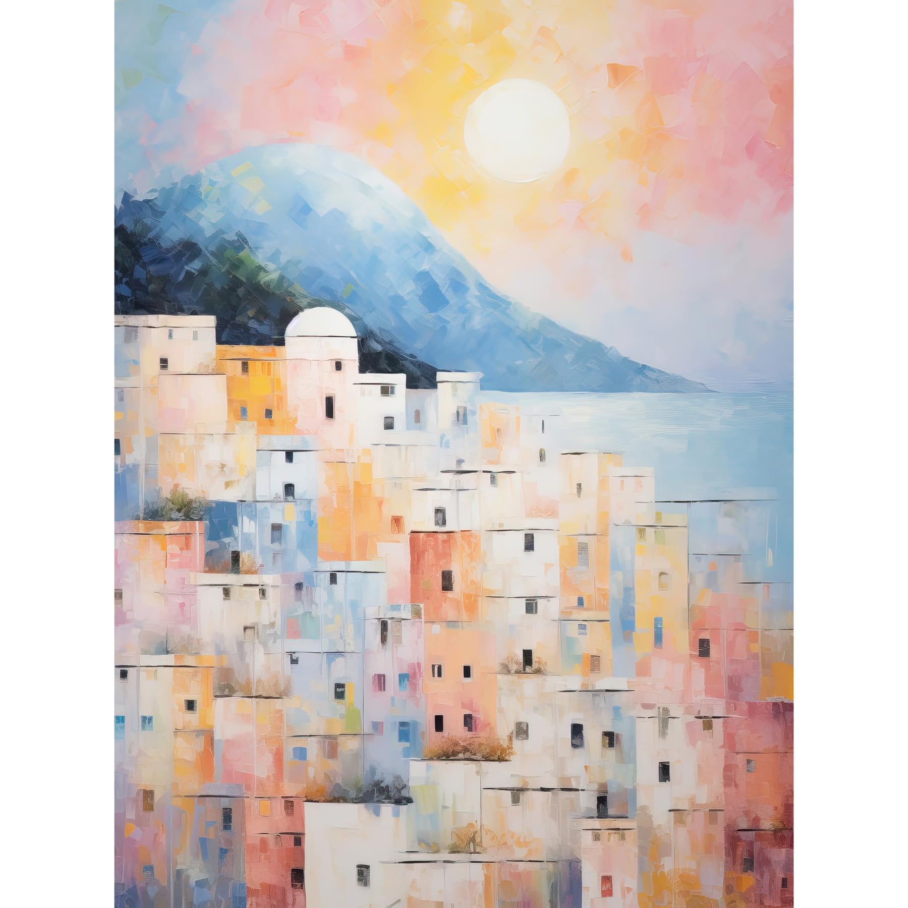 Santorini Whitewashed Buildings Pastel Colour Oil Painting Orange Pink Blue Sunrise Fira Coastal City Unframed Wall Art Print Poster Home Decor Premium