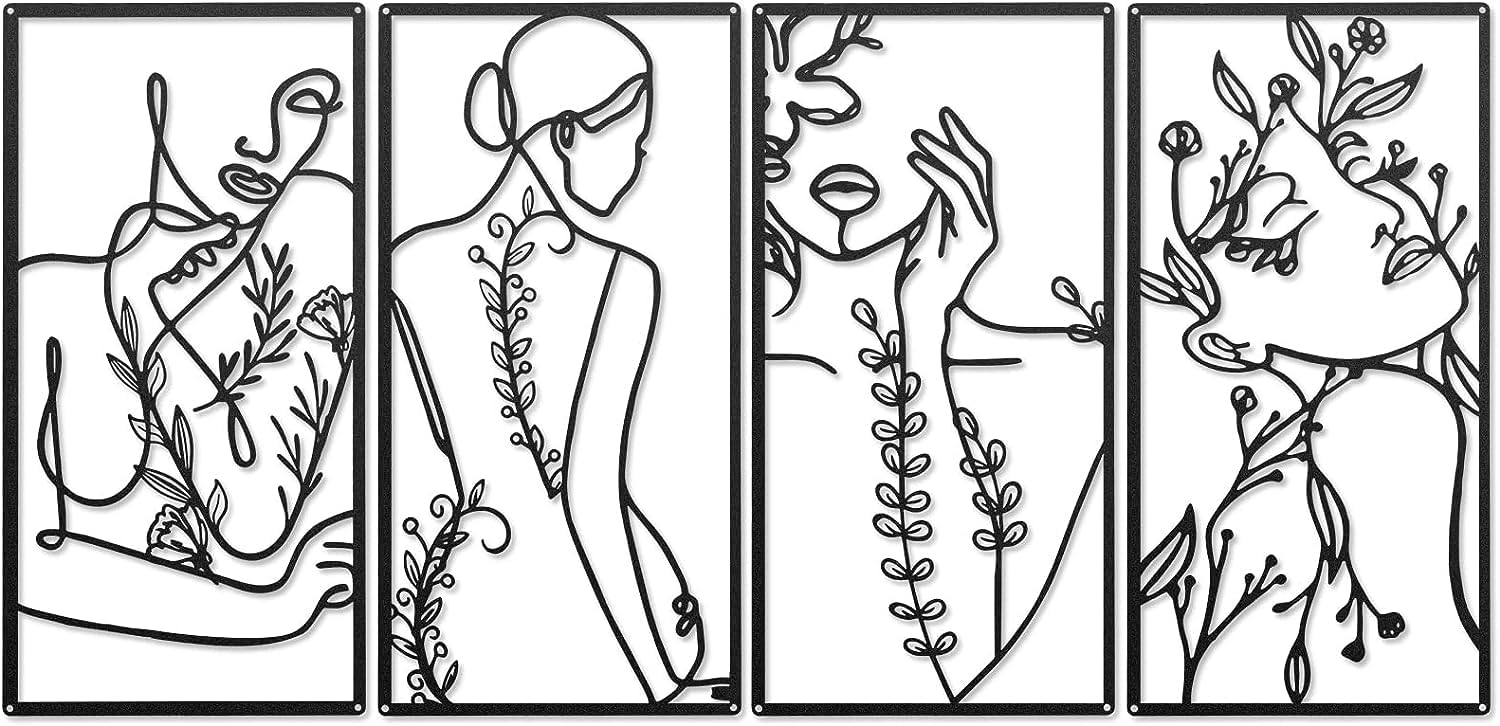 Scizor Metal Wall Art Decor Black Metal Wall Art One-line Art Drawing Minimalist Abstract Female Woman Modern Wall Sculptures for Hanging Decoration Accents for Bathroom (4 PCS DECORE)