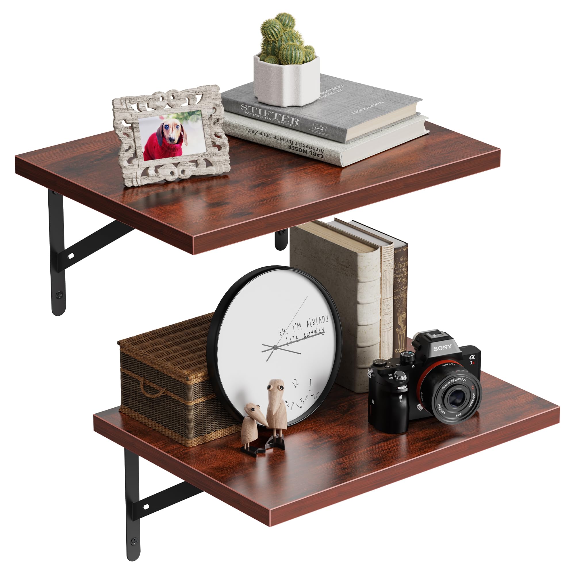 SUPERJARE Wall Mounted Floating Shelves, Set of 2, Wide Display Ledges, Deep, Large Storage Rack for Room/ Kitchen/ Office - Cherry Walnut,11.8"D x 15.7"W x 6.8"H