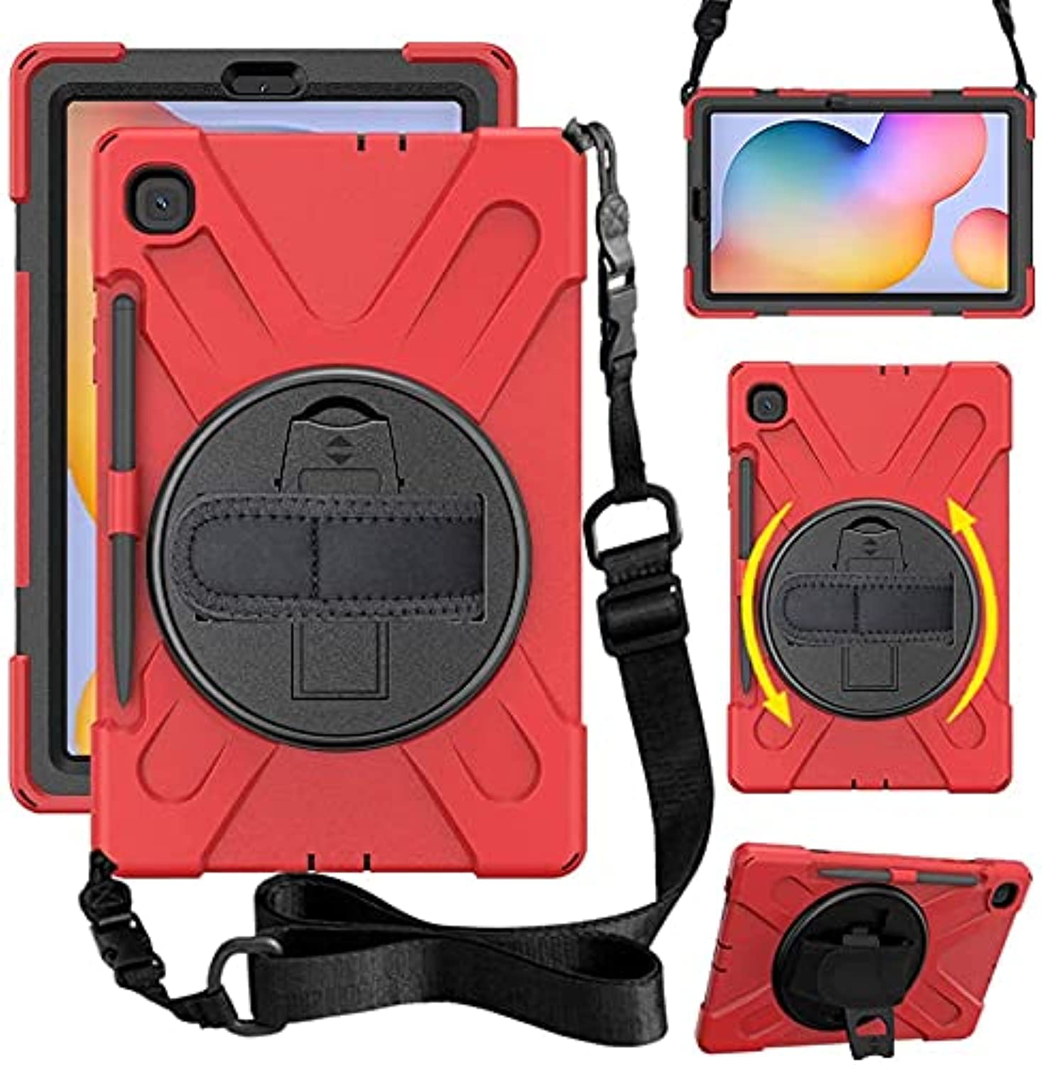 AVAKOT Case for Samsung Galaxy Tab S6 Lite 10.4 Inch 2022/2020 (Model: SM-P610/P615) with Stylus Pen Holder, Heavy Duty Rugged Protective Shockproof Case with Stand Strap Red