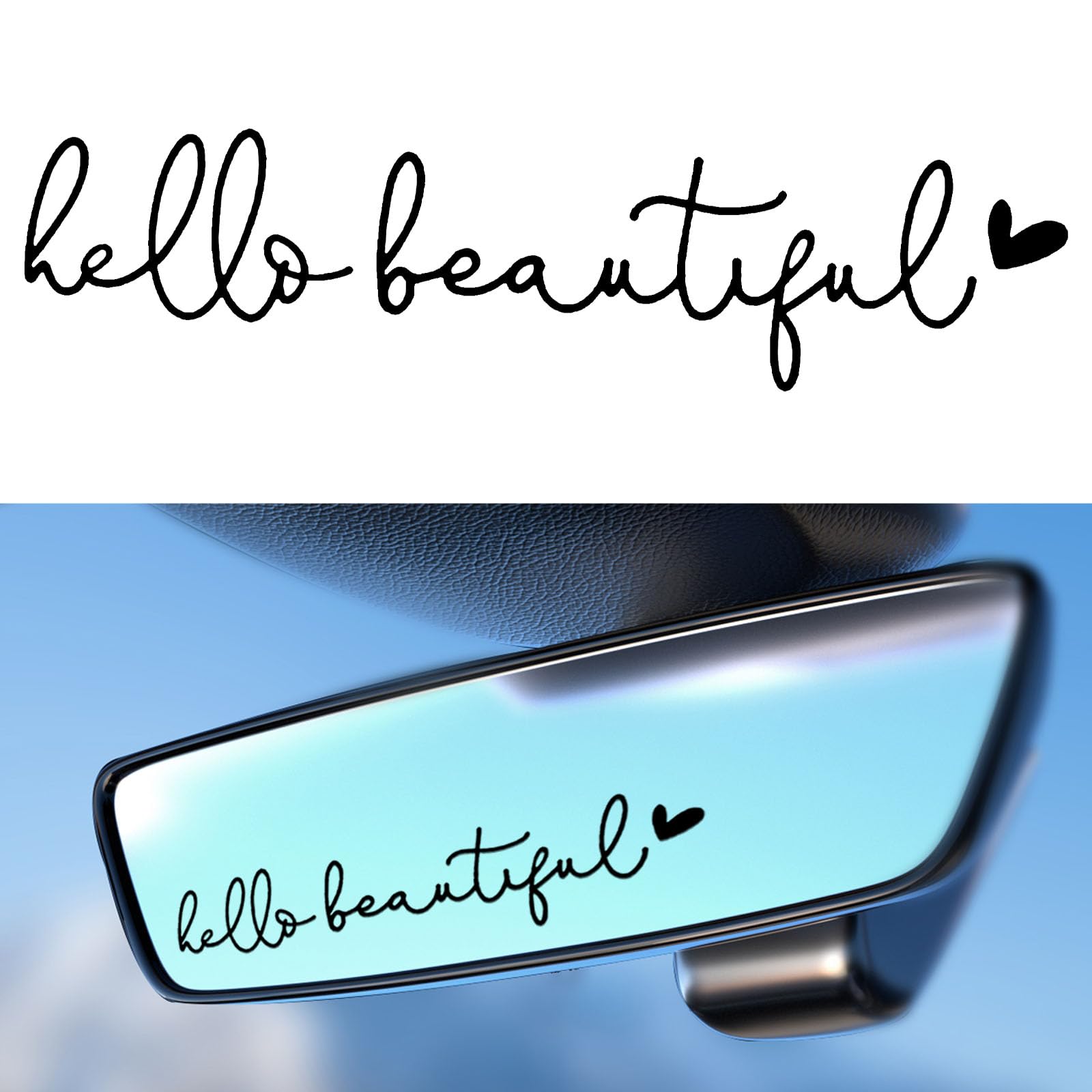 Hello Beautiful Car Rearview Mirror Stickers Decals, Car Window Stickers and Decals, Dresser Mirror Decor, Cute Car Decoration Accessories Rear View Mirror Decals for Women (Black)