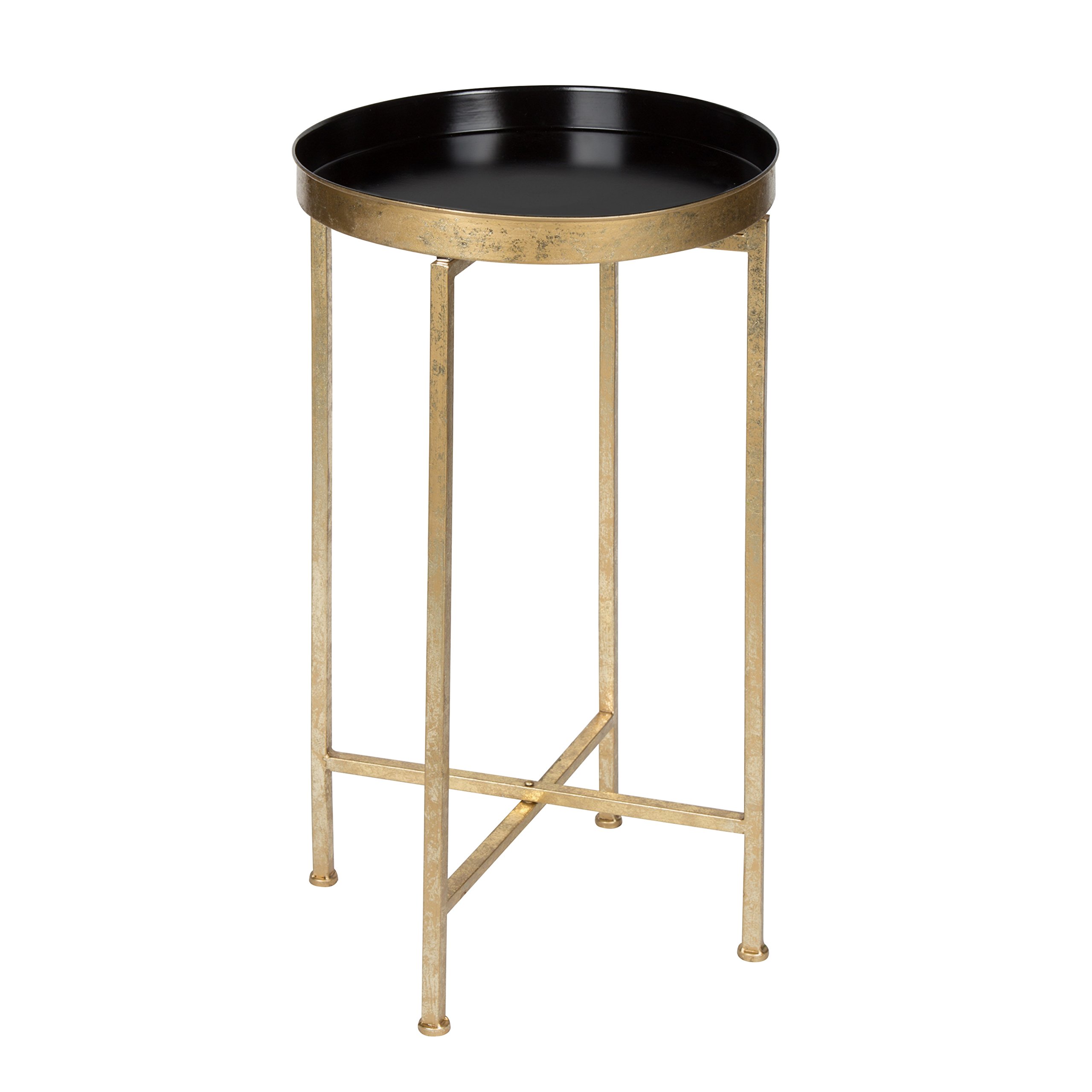 (Black and Gold) - Kate and Laurel Celia Round Metal Foldable Tray Accent Table, Black and Gold