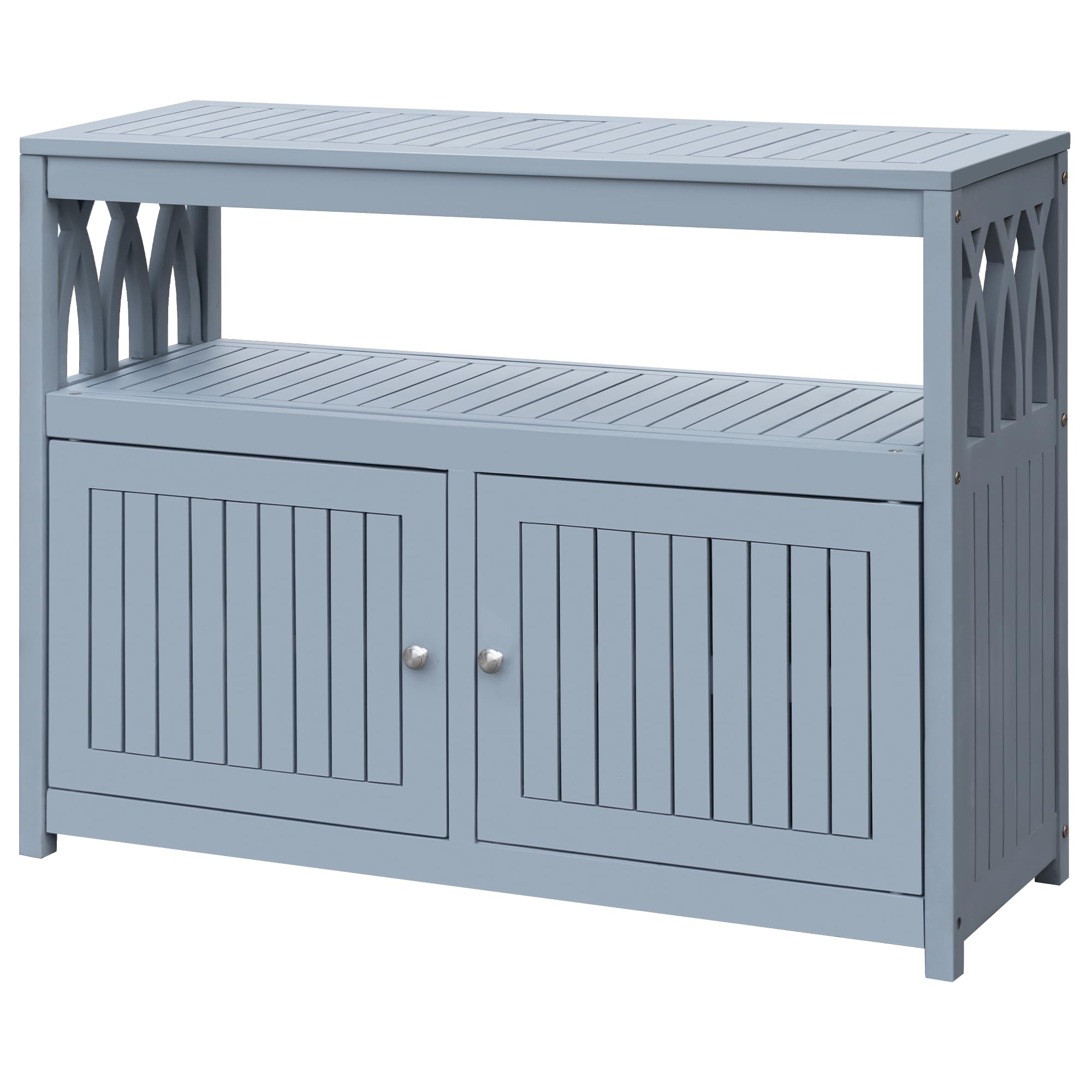 Greesum 2-Tier Outdoor Storage Cabinet in Acacia Wood, with 2 Magnetic Doors, for Garden, Picnic, Buffet, TV Stand, or Bar Table, Grey