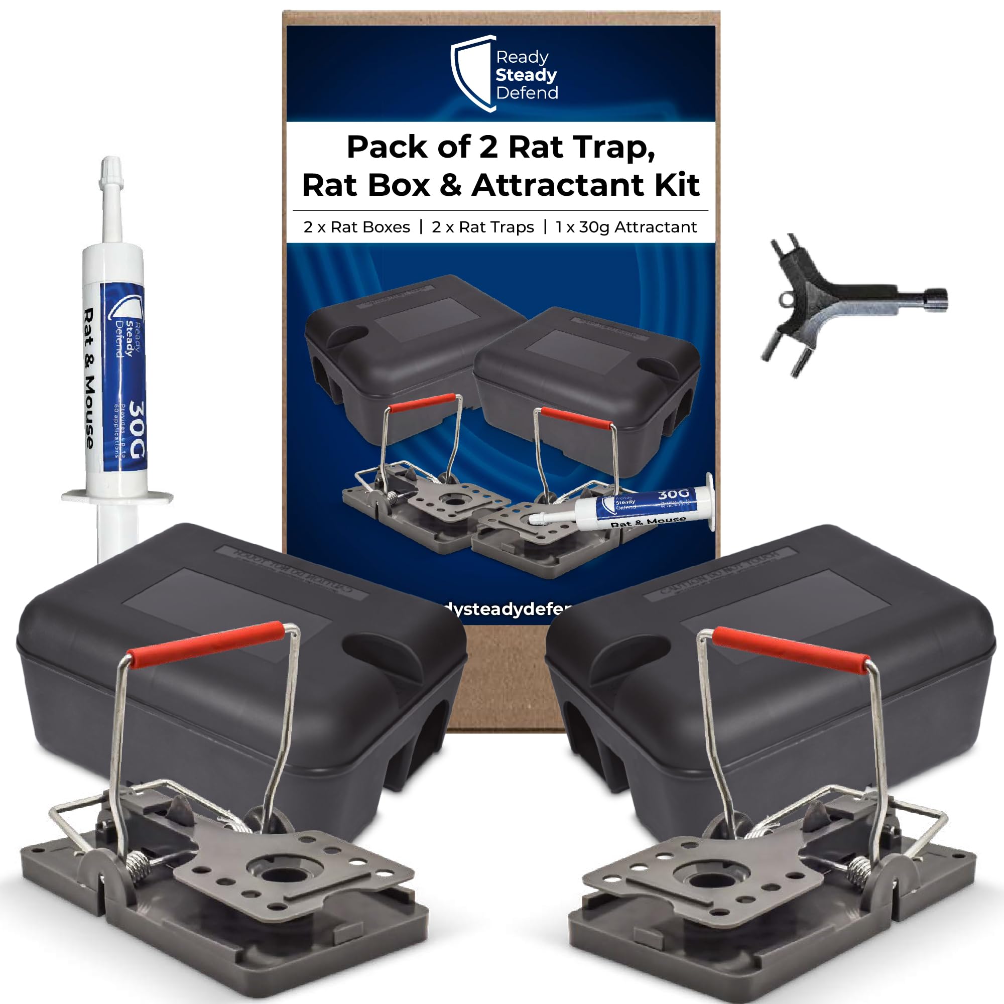 Rodent Control Kit - Includes 2 Heavy Duty Rat Boxes, 2 Instant Kill Rat Traps, and 30g Attractant, Safe and Effective Rodent Control, Rat Traps For Outdoors and Indoors, Rat Traps That Instantly Kill