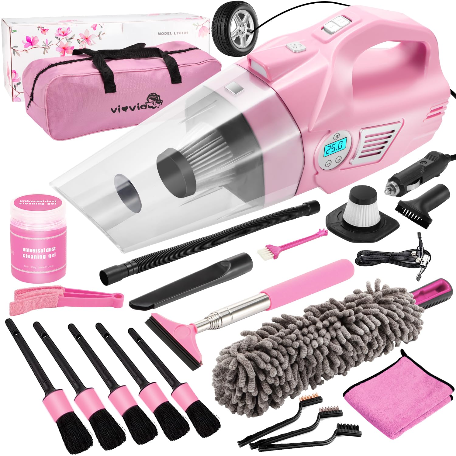 Pink Car Cleaning Kit, 21PCS Car Detailing Kit Interior Cleaner with 4-in-1 Handheld Car Vacuum Cleaner, Detailing Brush Set, Side Mirror Squeegee, Car Accessories for Cleaning, Gift for Women