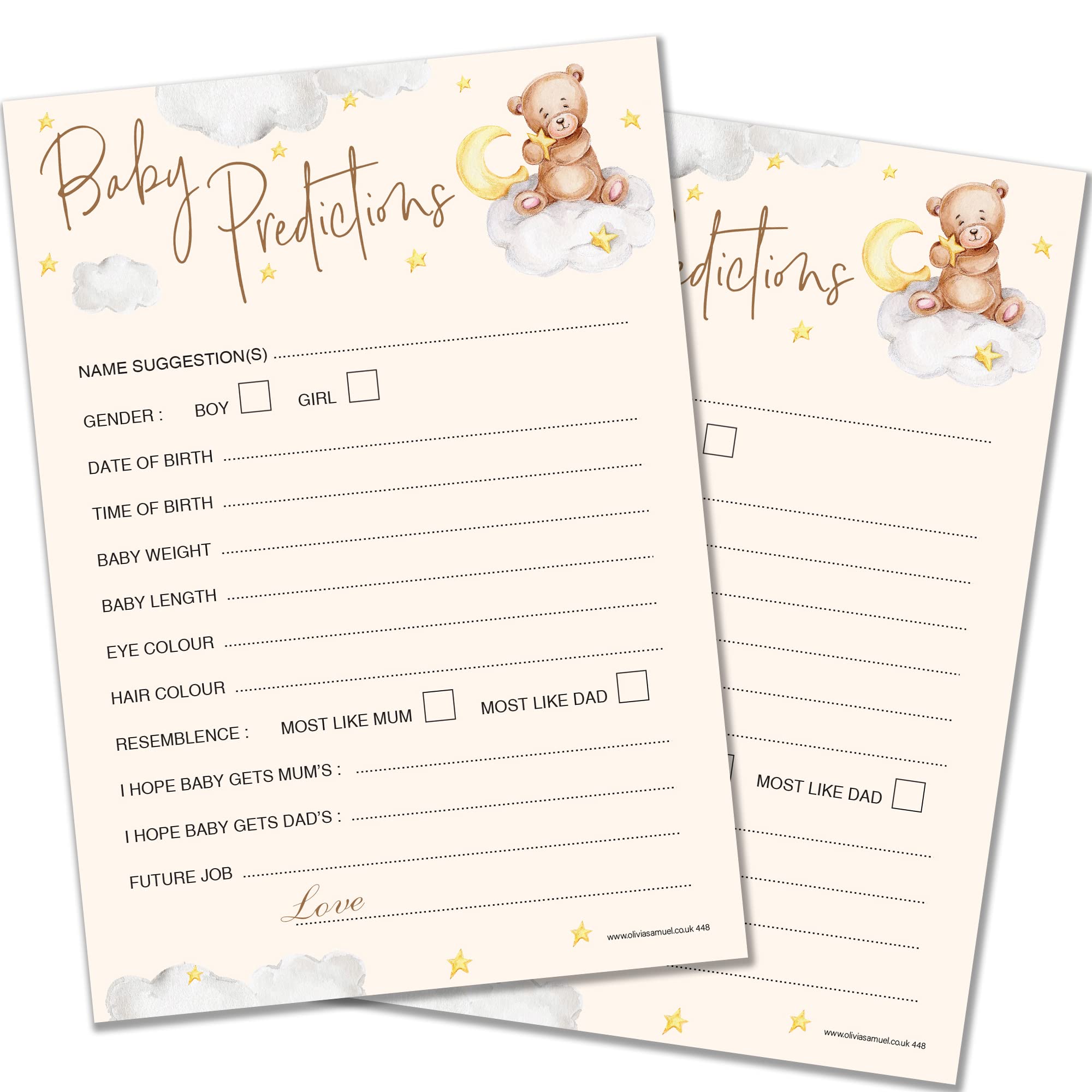 20 x Baby Prediction Cards from Olivia Samuel - Baby Shower Game – Unisex Neutral Teddy Bear Design - Made in The UK