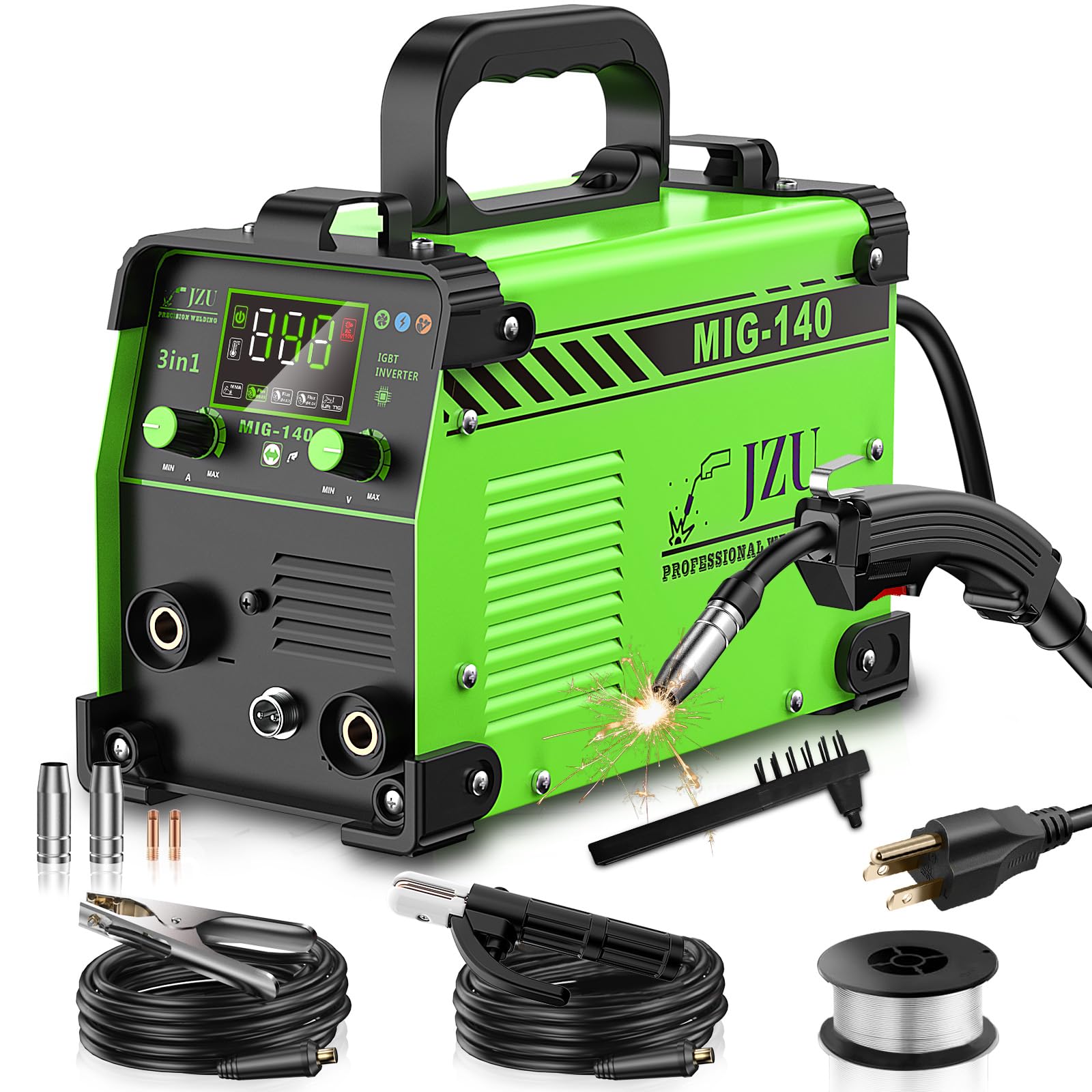 140A Mig Welder, 110V Flux Core Welding Machine/Stick/Lift Tig 3 In 1 Welder with Synergy, Portable Gasless Welder Equipment with Large LCD Display, Wire Feed Welder for Multi Use