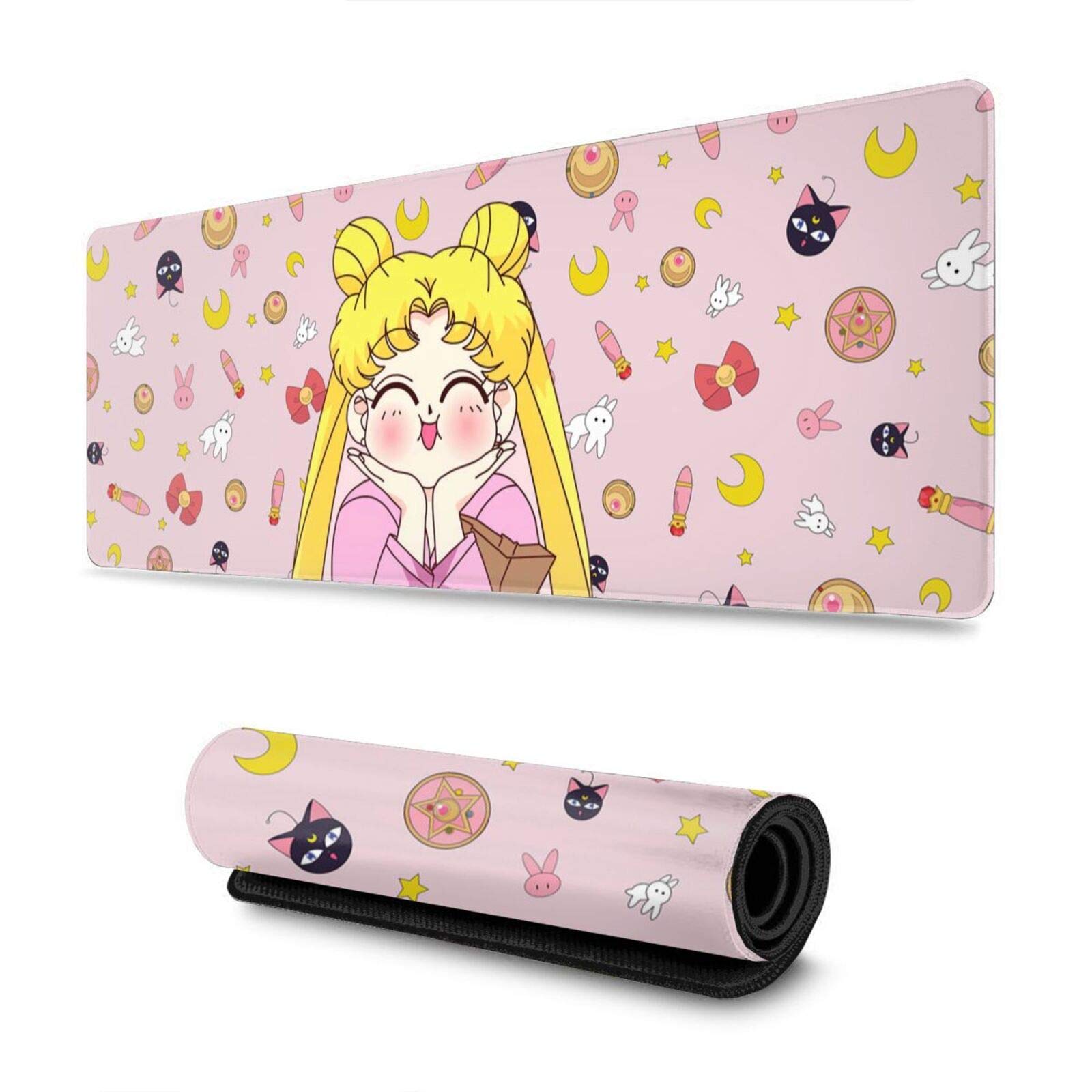 Cute Pink Moon Mouse Pad Large Kawaii Anime Mousepad Pink Gaming Mouse Mat Non-Slip Rubber Base Computer Laptop Desk Pad Accessories 31.5 X 11.8 inch